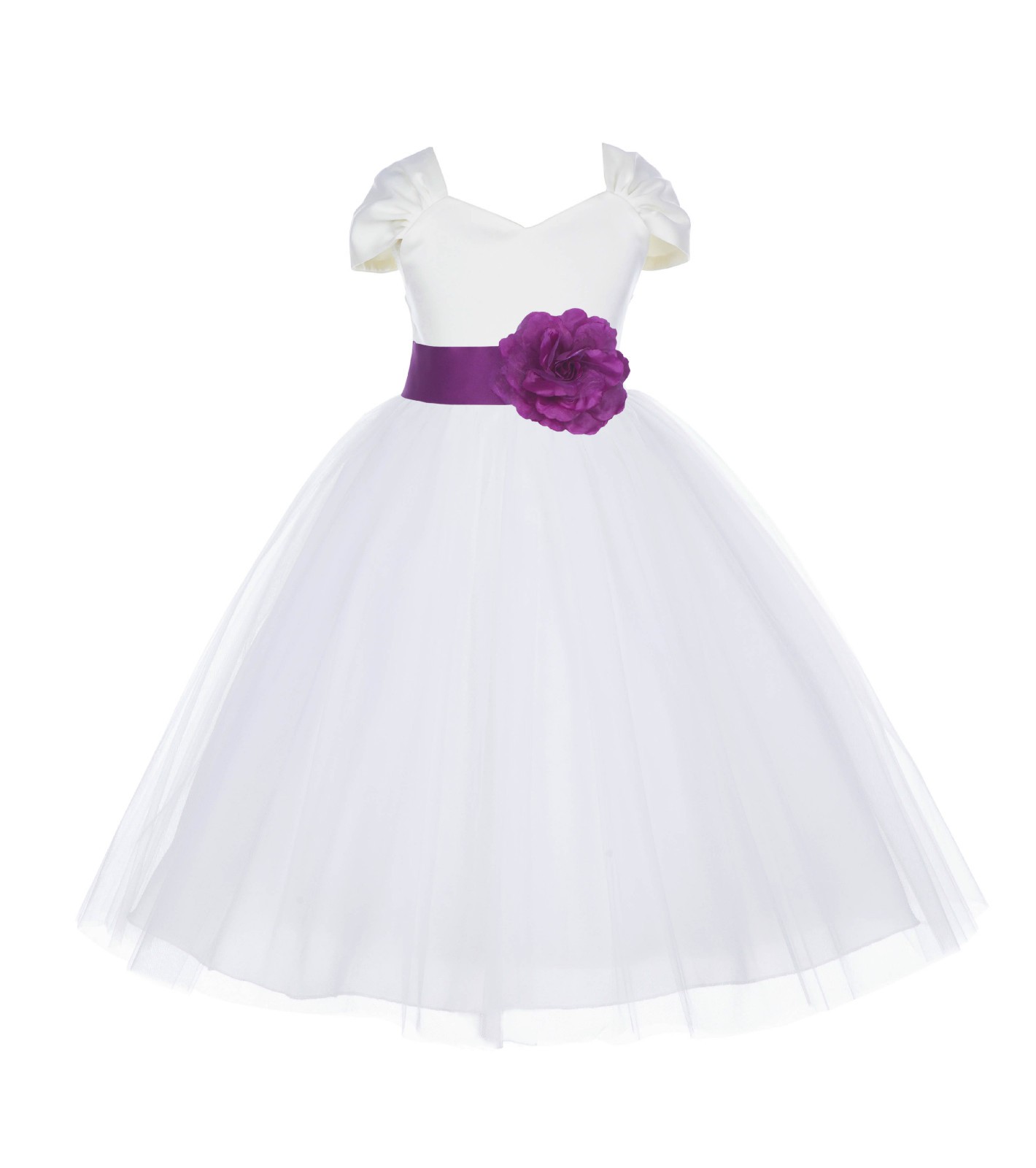 Ivory/Raspberry V-shaped Neckline Short Sleeves Tulle Flower Girl Dress 154S