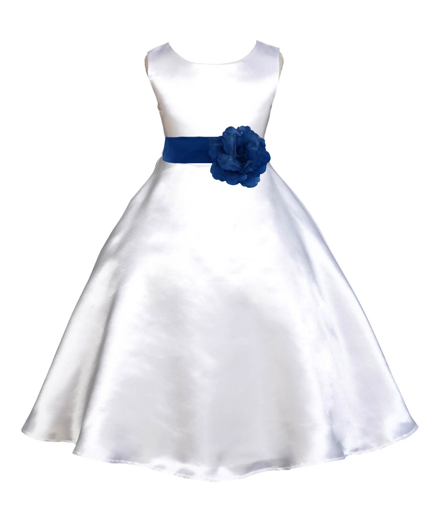 White/Royal Blue A-Line Satin Flower Girl Dress Wedding Bridal 821T