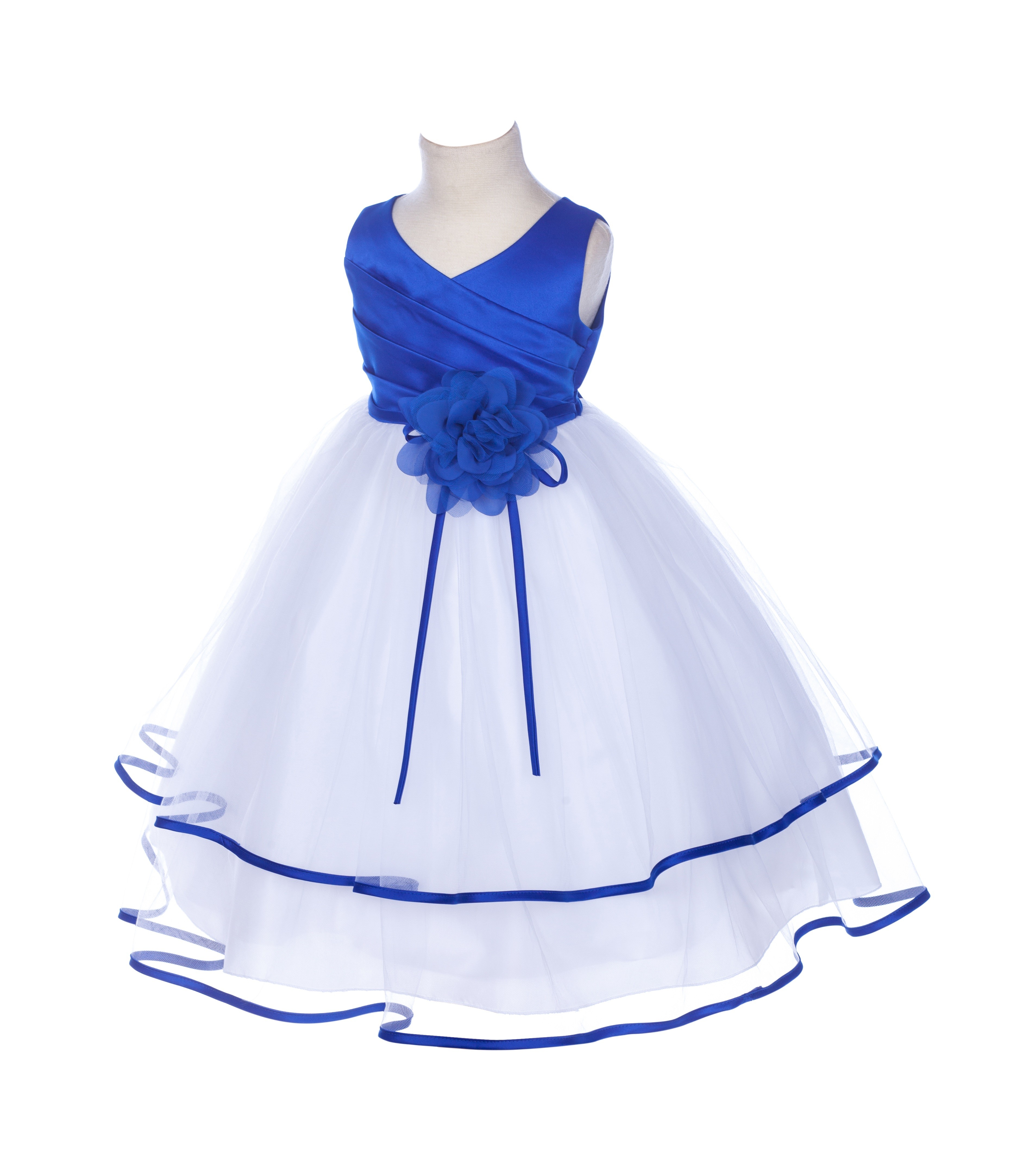 Royal Blue Floral Pin Ruffle V-Neck Tulle Flower Girl Dress J115NF