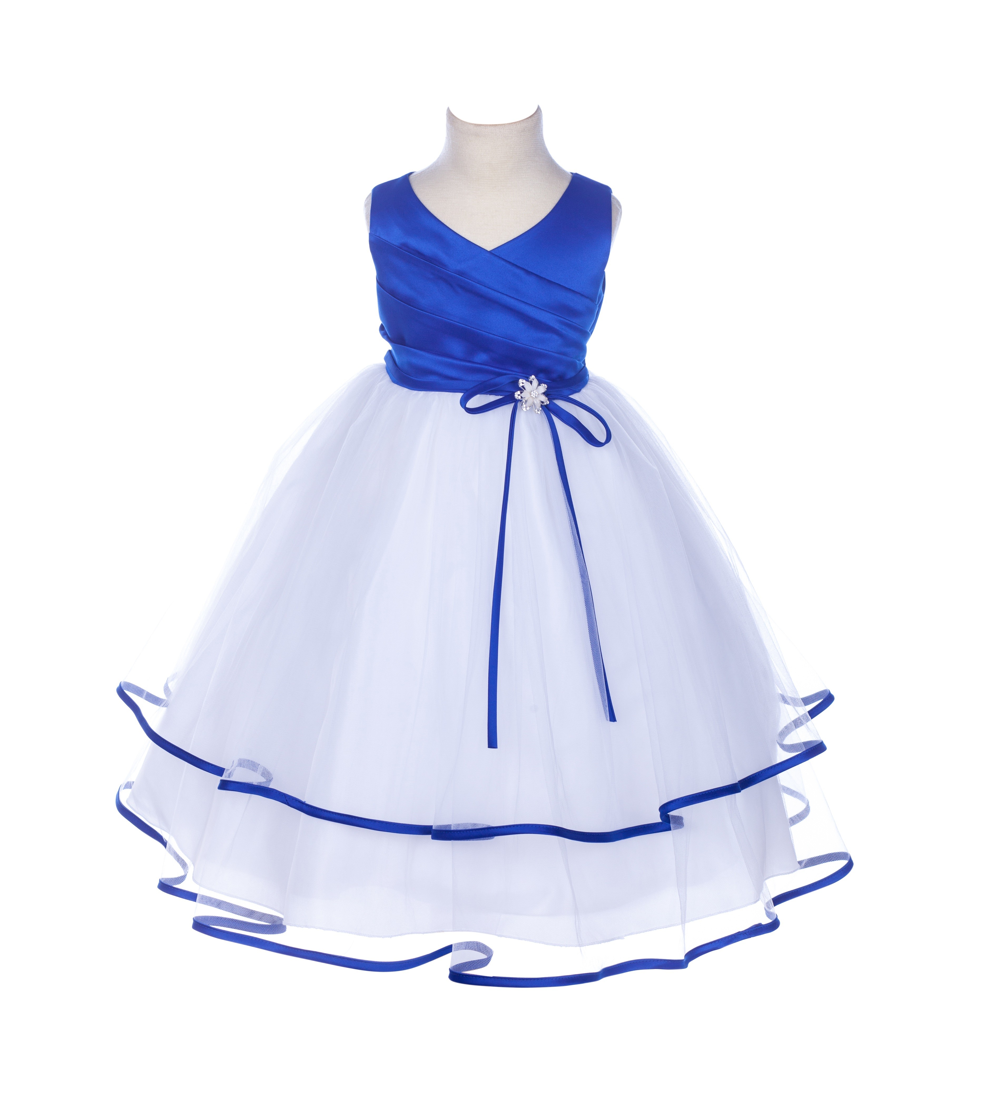 Royal Blue Rhinestones Ruffle V-Neck Tulle Flower Girl Dress J115R