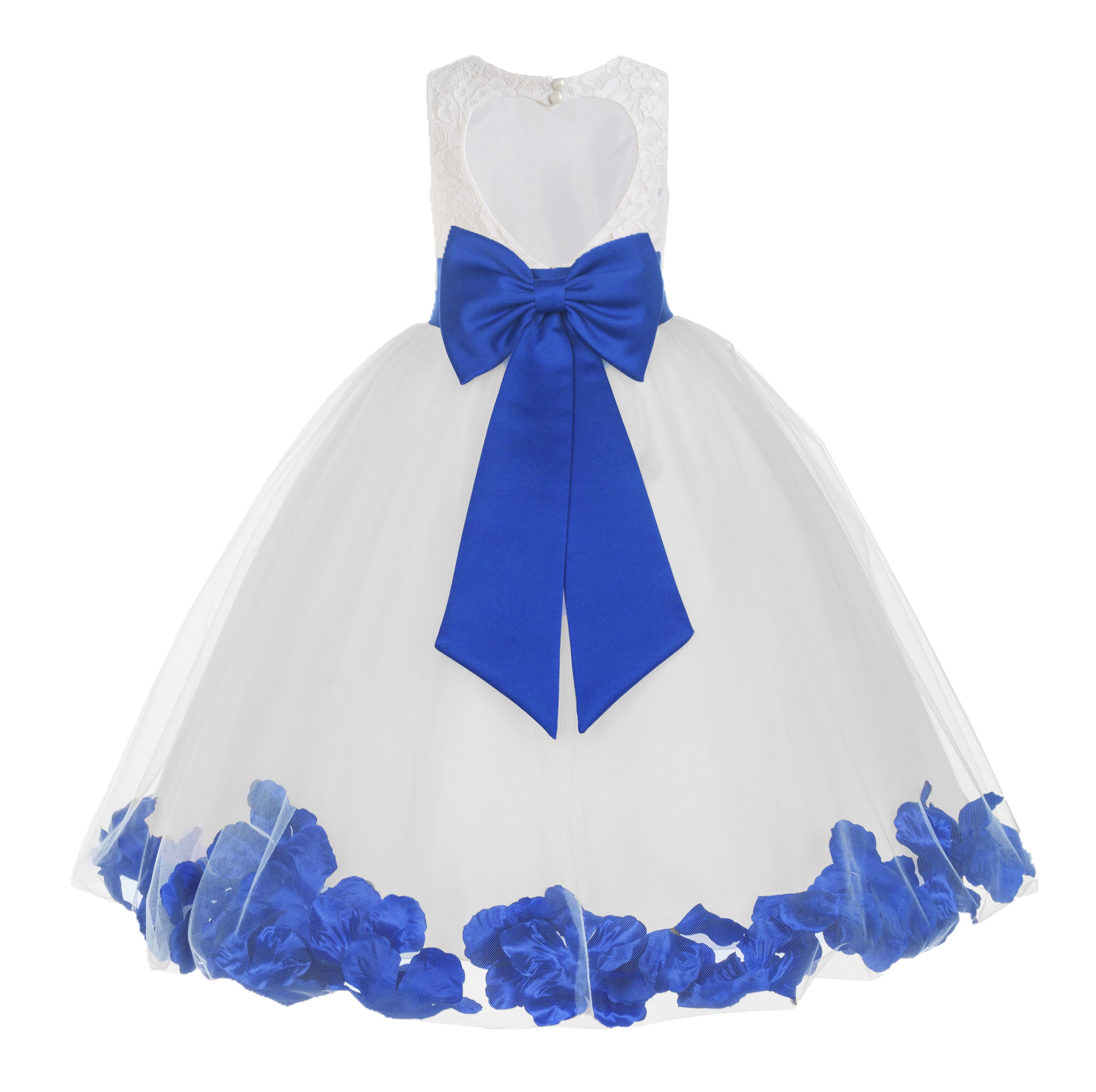 White / Royal Blue Floral Lace Heart Cutout Flower Girl Dress with Petals 185T