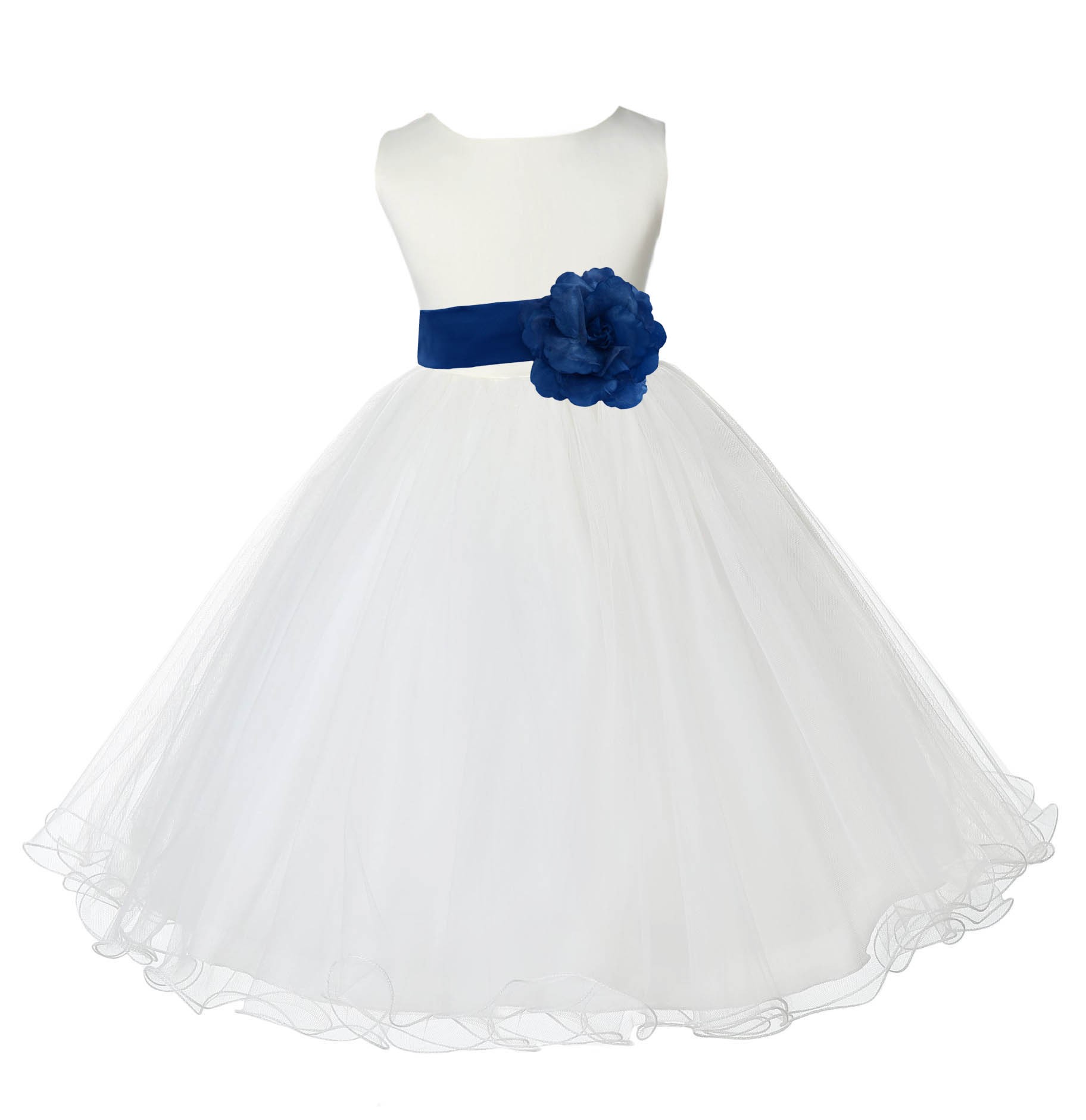 Ivory/Royal Blue Tulle Rattail Edge Flower Girl Dress Pageant Recital 829S