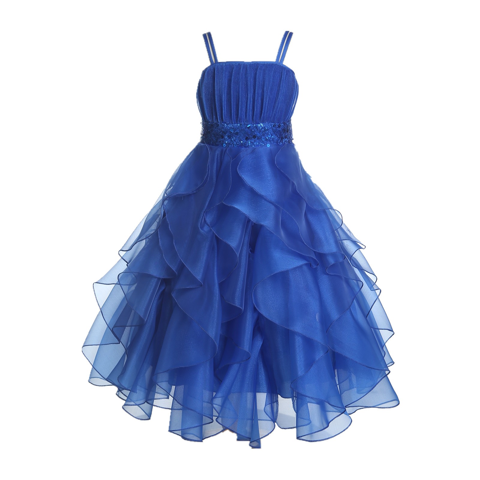 Royal Blue Satin Organza Sequin Spaghetti-Straps Flower Girl Dress 009