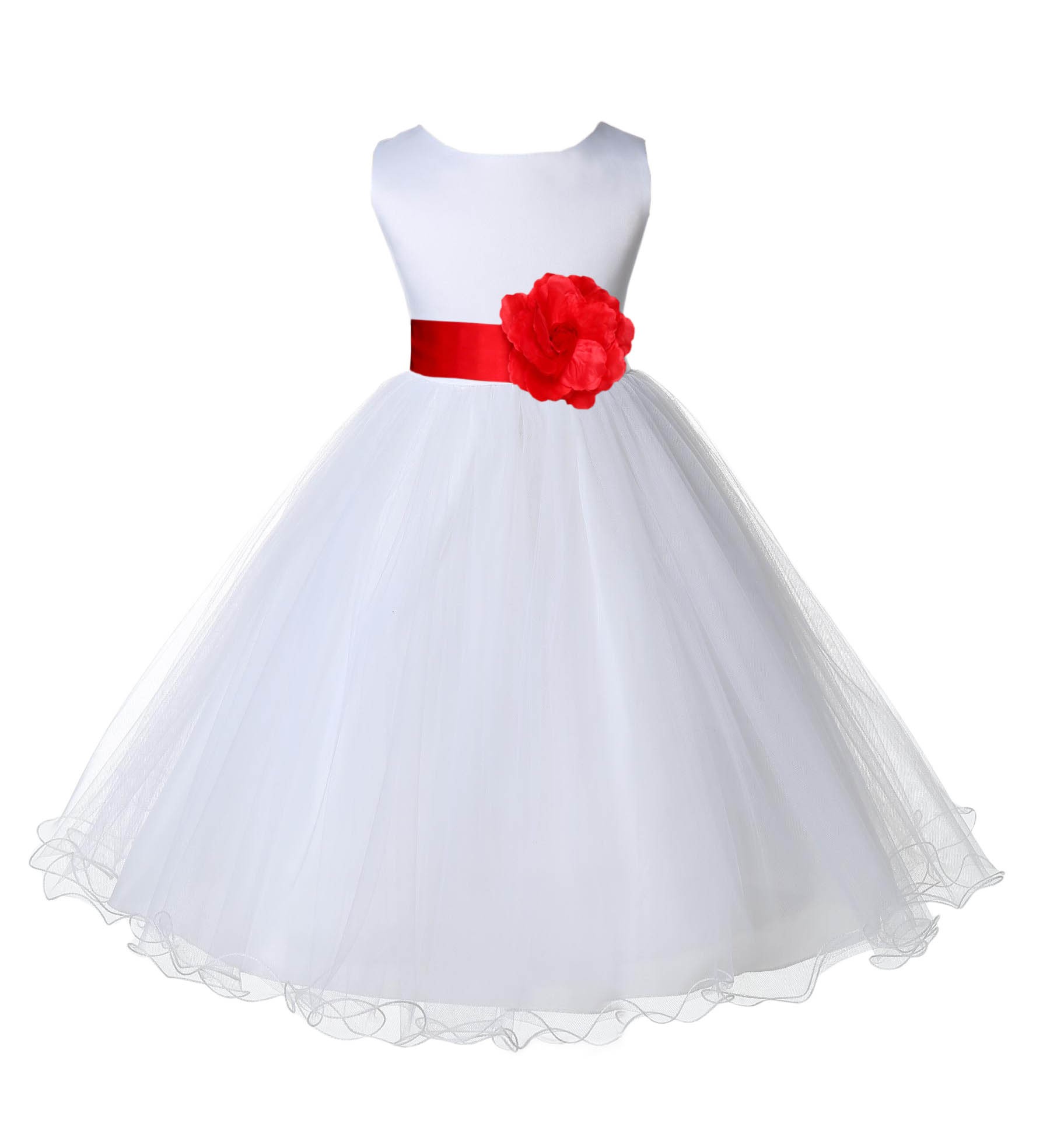 White/Red Tulle Rattail Edge Flower Girl Dress Wedding Bridal 829S