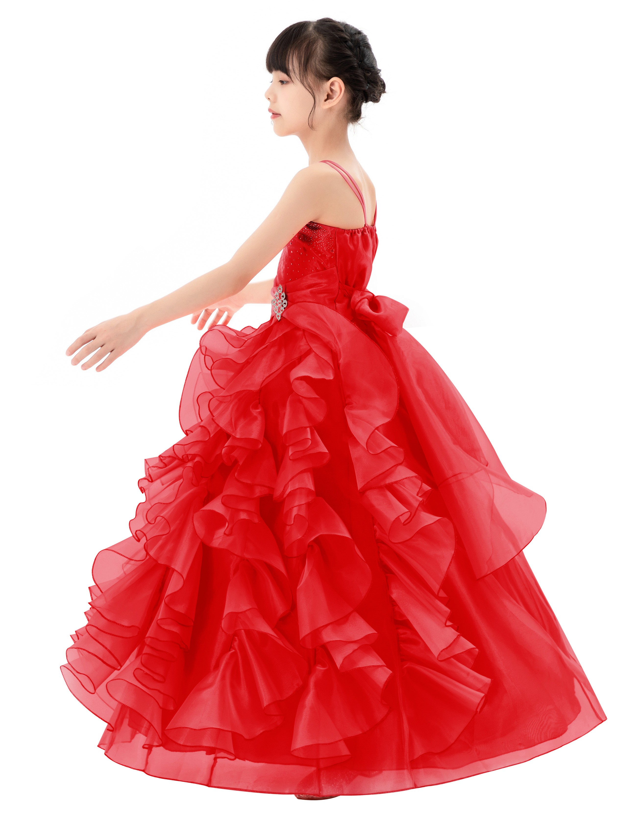 Red Ruffle Organza Overlay Flower Girl Dress Seq5