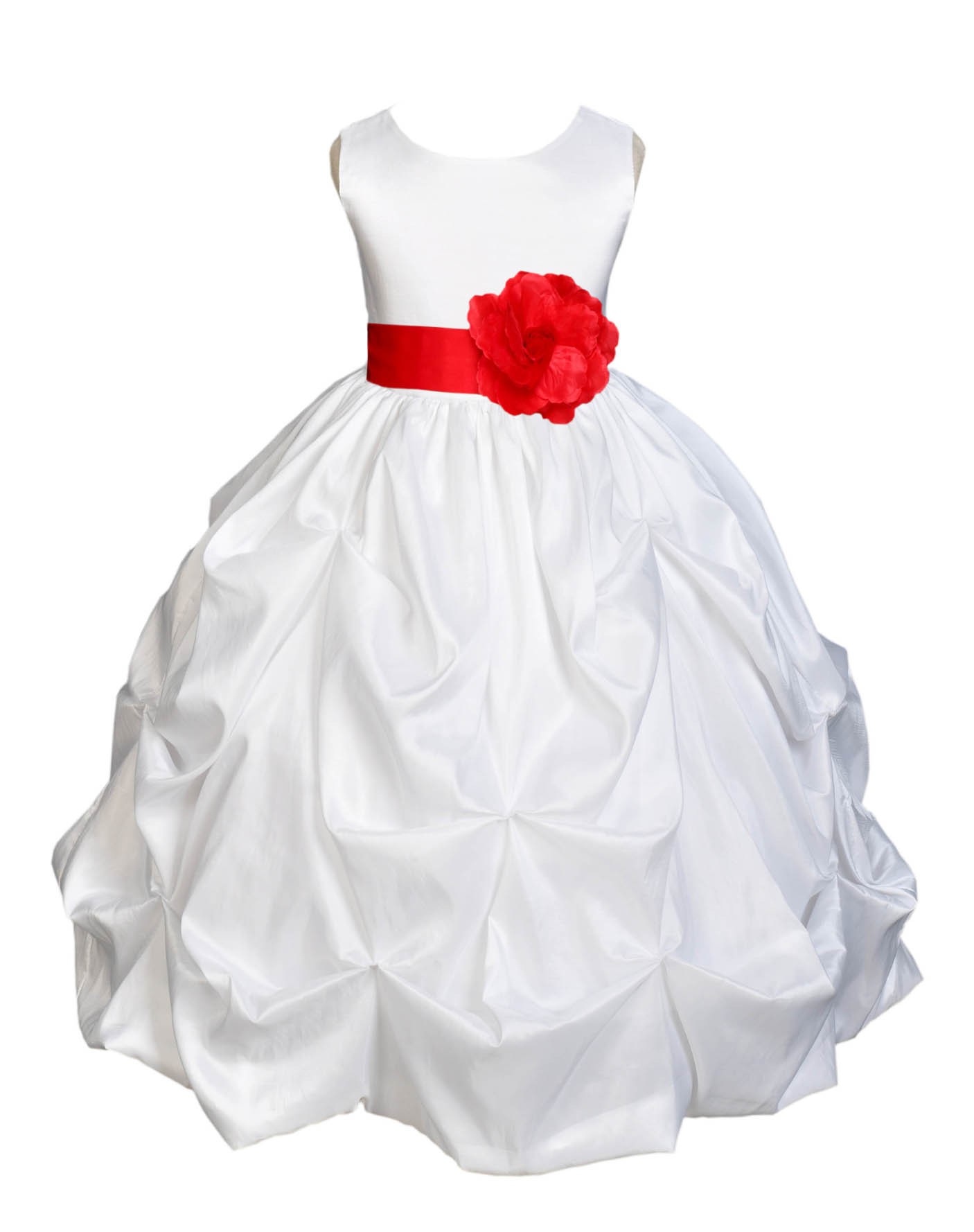 White/Red Satin Taffeta Pick-Up Bubble Flower Girl Dress 301T
