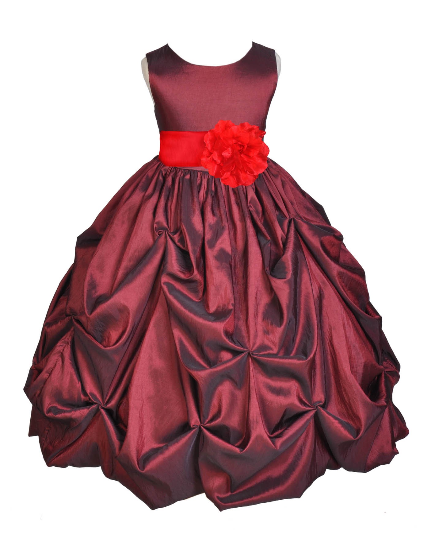 Burgundy/Red Satin Taffeta Pick-Up Bubble Flower Girl Dress 301S