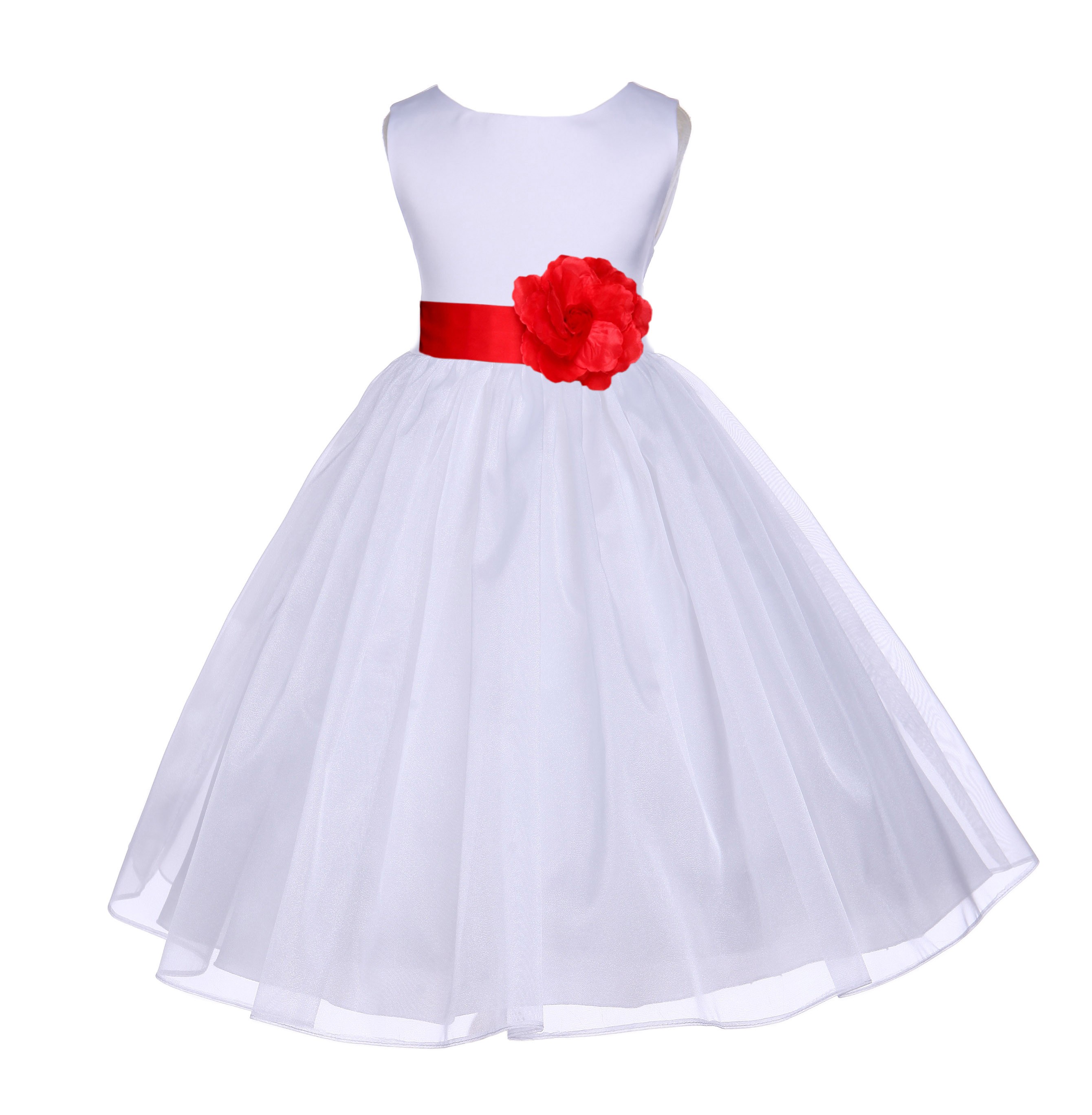 White/Red Satin Bodice Organza Skirt Flower Girl Dress 841T