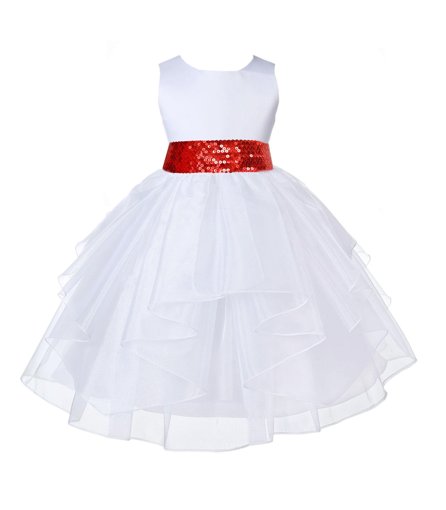 White Shimmering Organza Red Sequin Sash Flower Girl Dress 4613mh