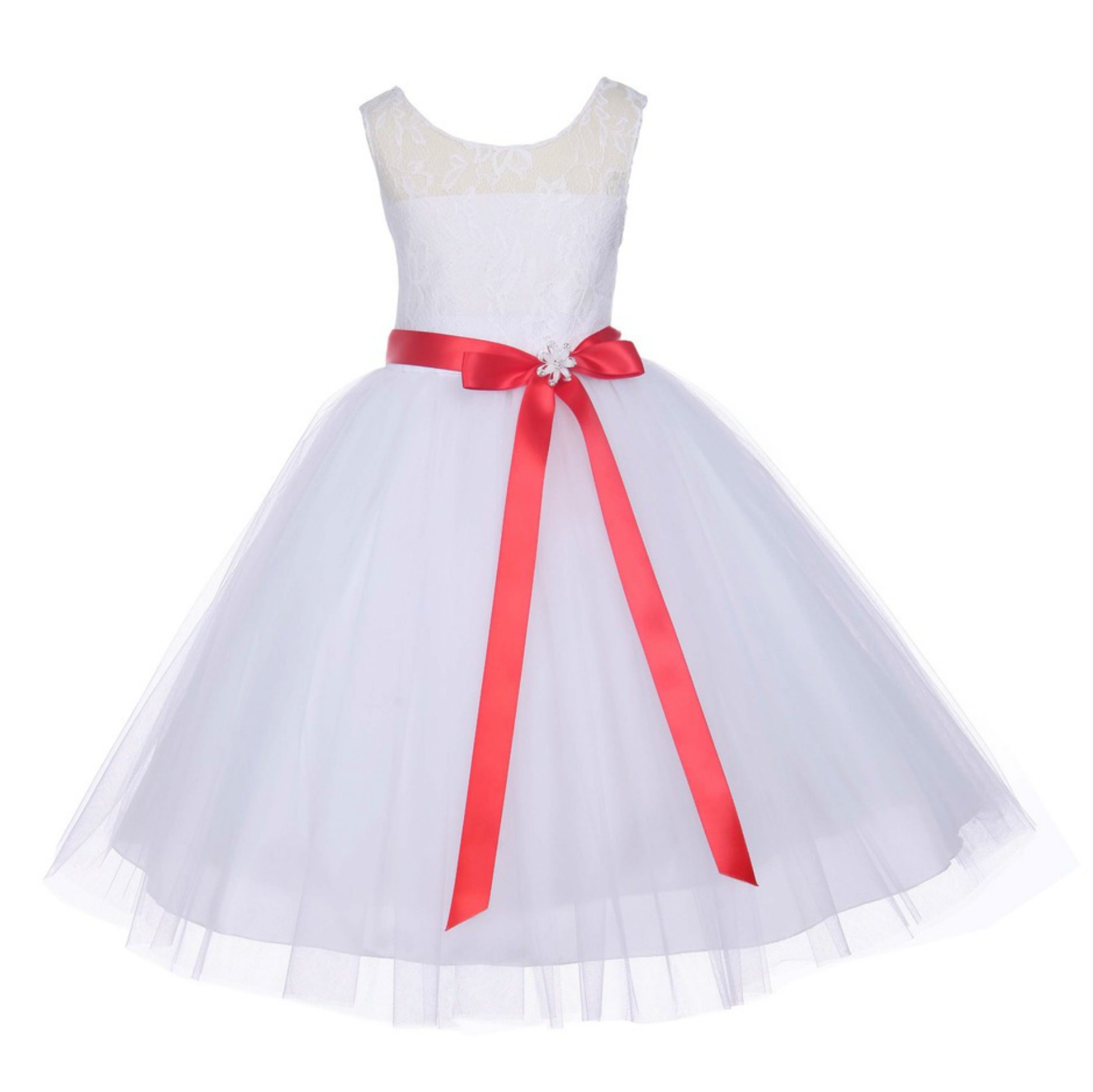 White Floral Lace Bodice Tulle Red Ribbon Flower Girl Dress 153R