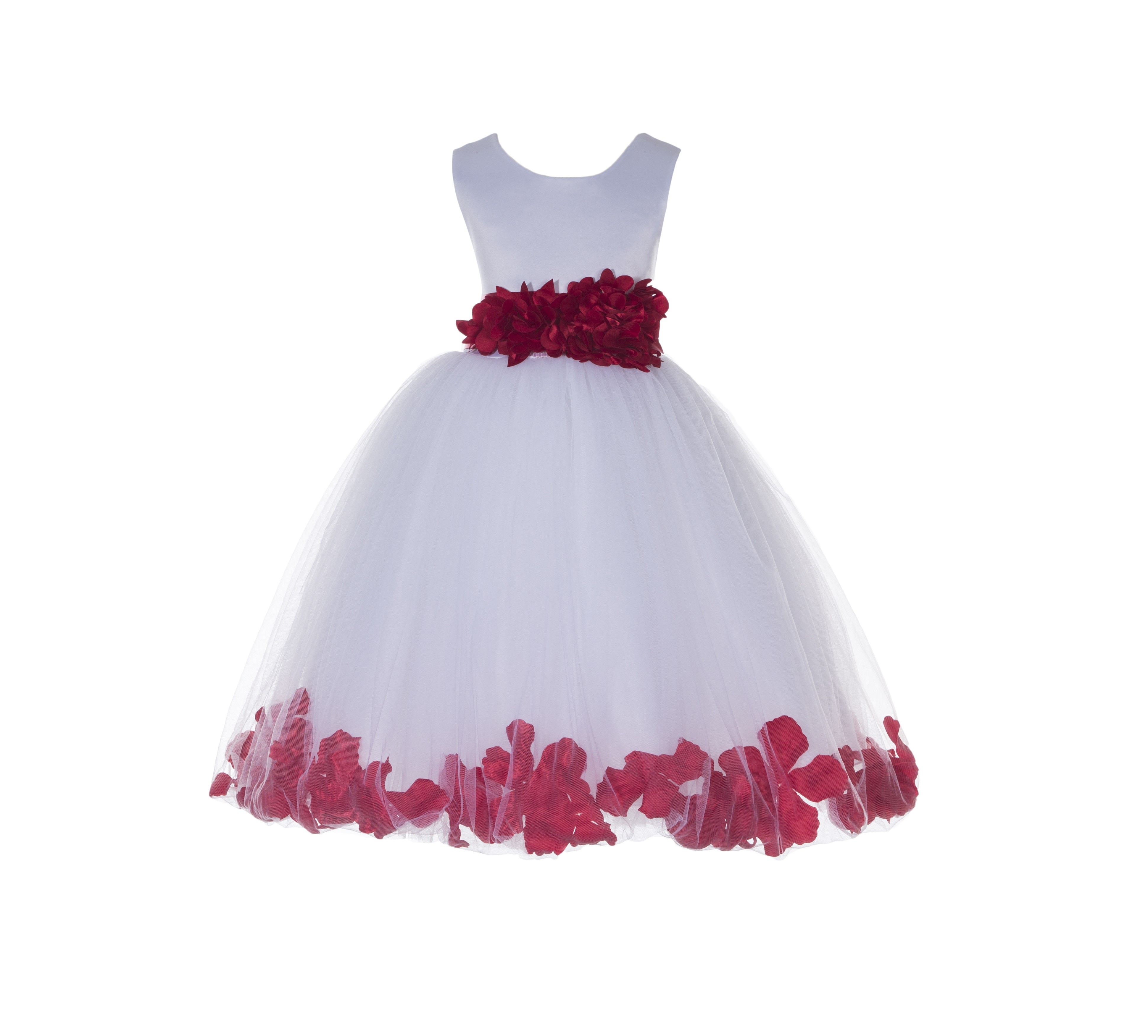 Red Tulle Ruffly Sash Rose Petals Flower Girl Dress 302P