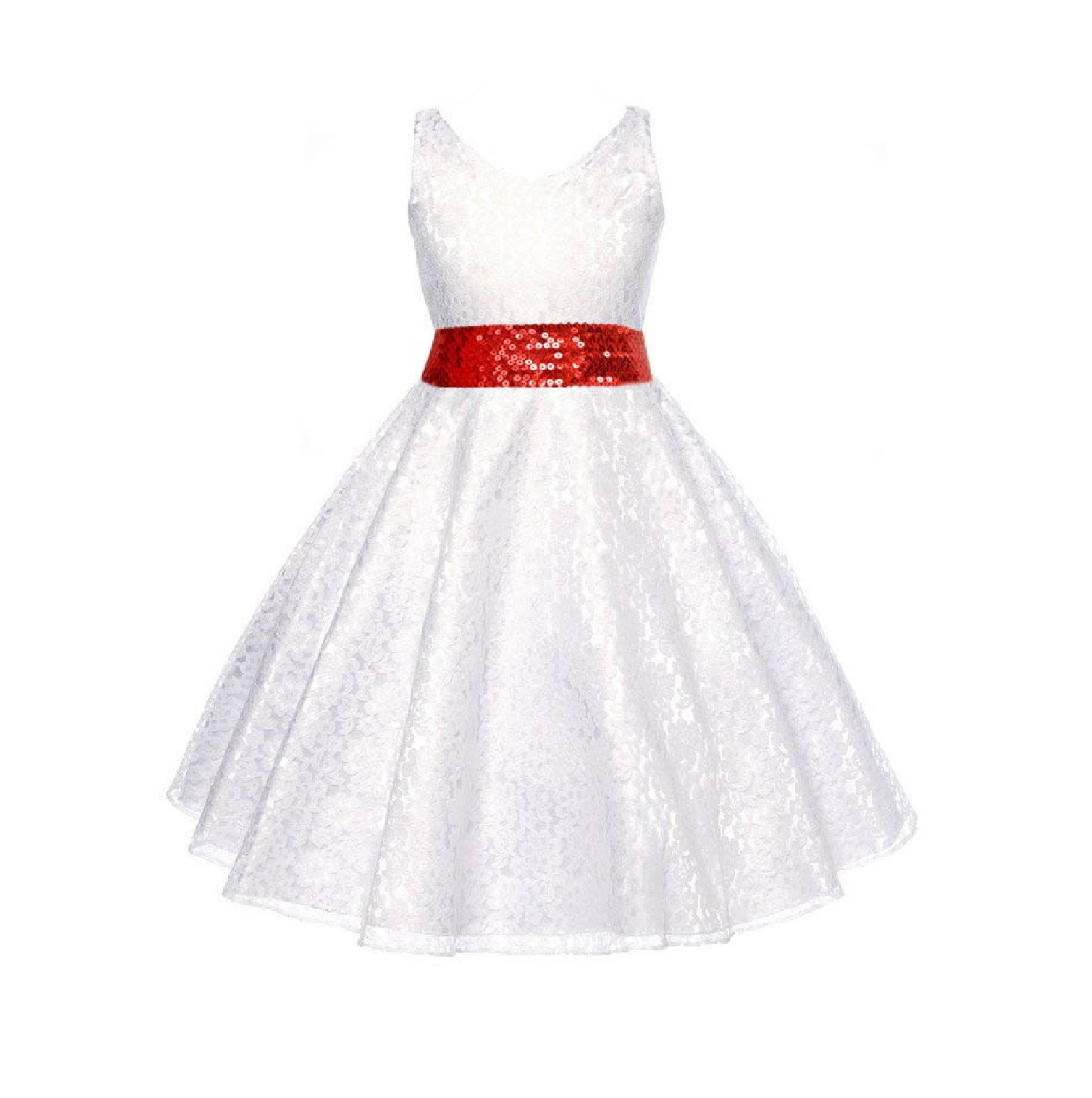 White Floral Lace Overlay V-Neck Red Sequin Flower Girl Dress 166mh
