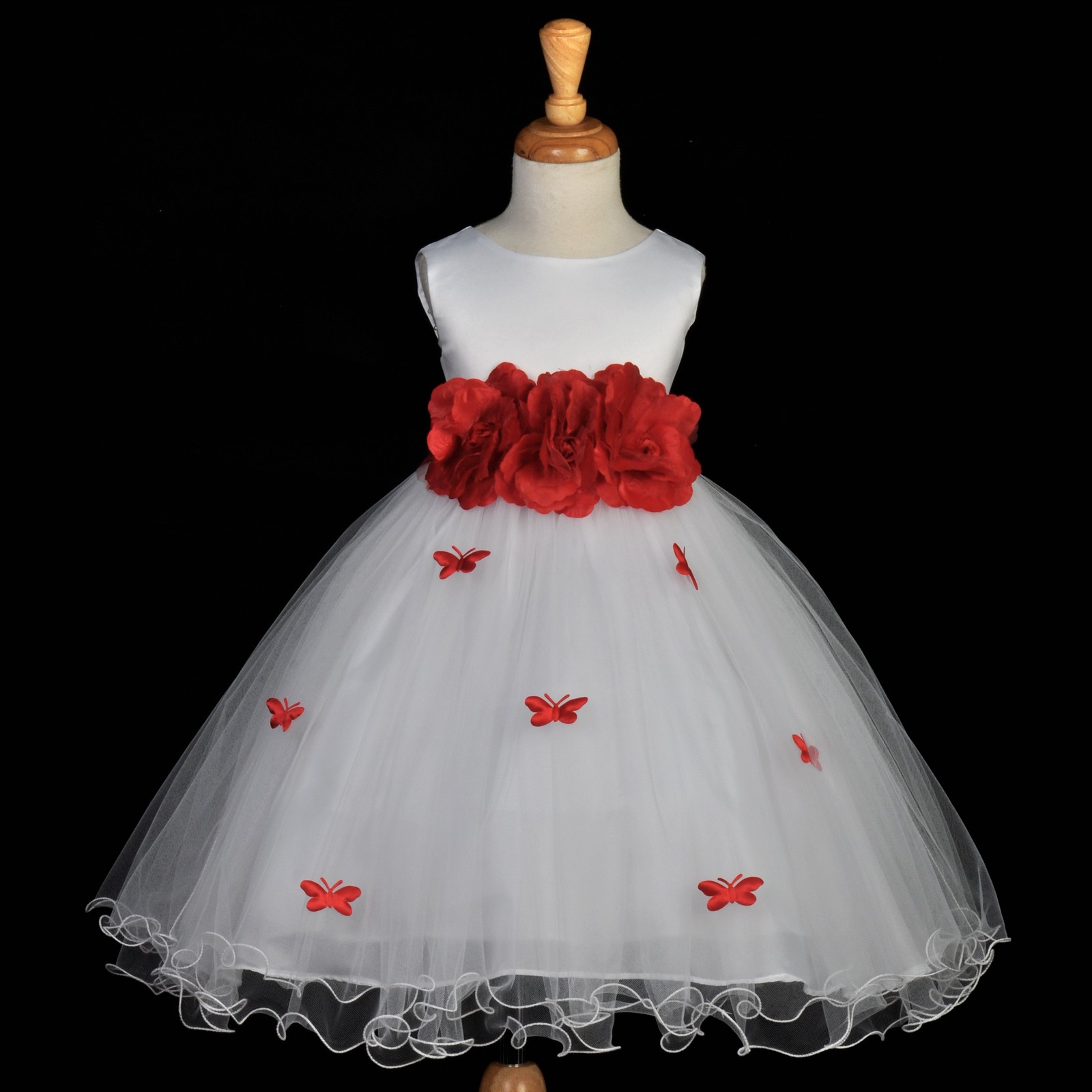 Red Butterflies Tulle Flower Girl Dress 3-Flower Sash 509A