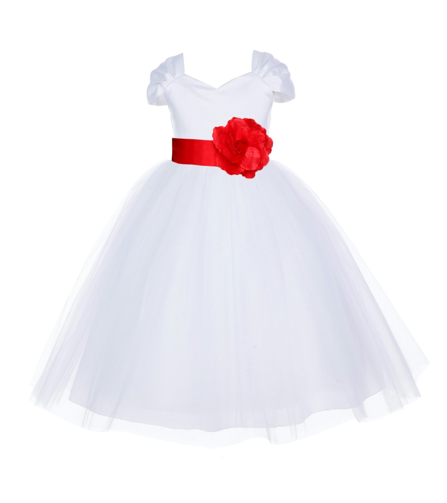 White/Red V-shaped Neckline Short Sleeves Tulle Flower Girl Dress 154S