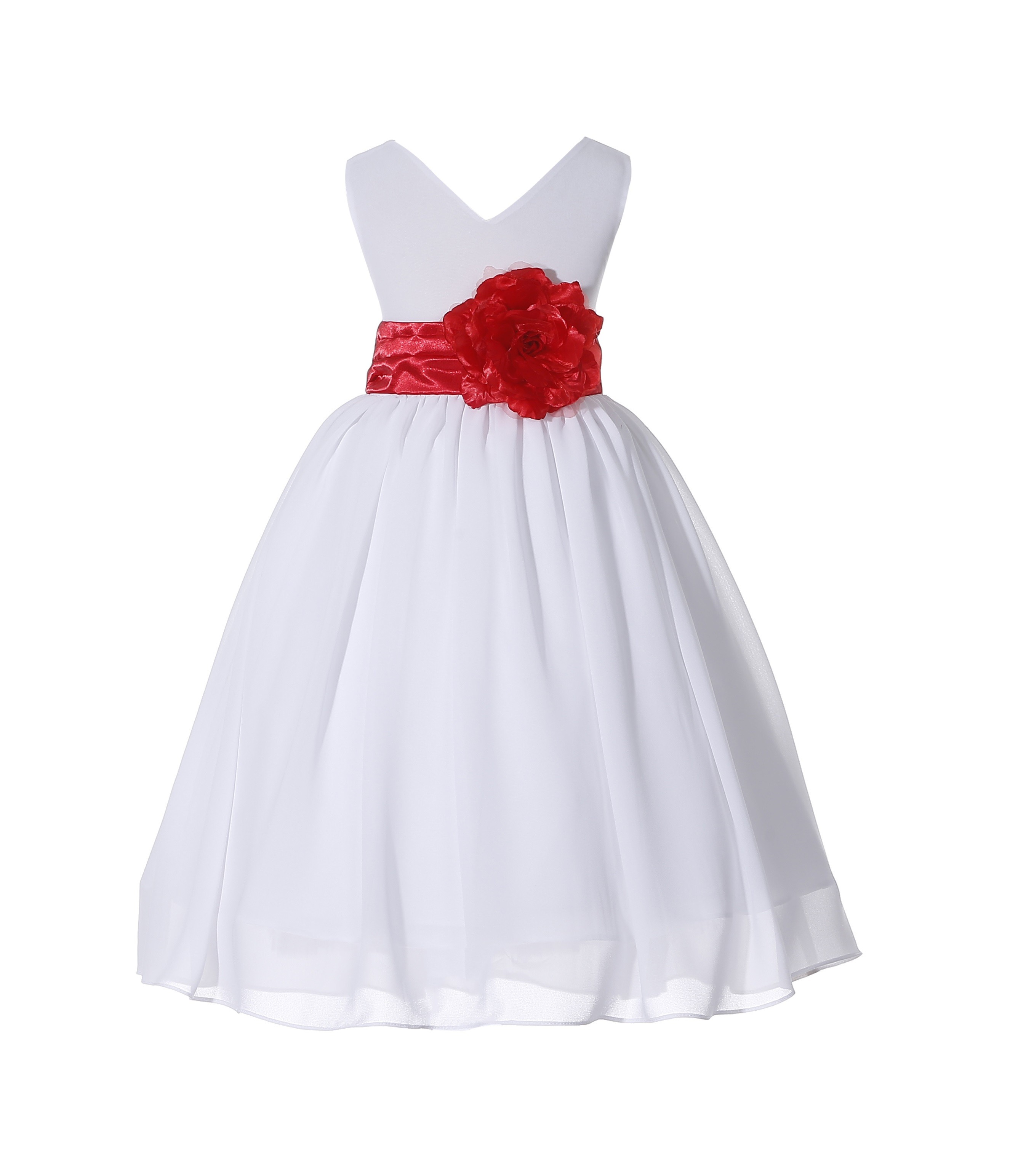 White/Red V-Neck Yoryu Chiffon Flower Girl Dress Bridesmaid 503F
