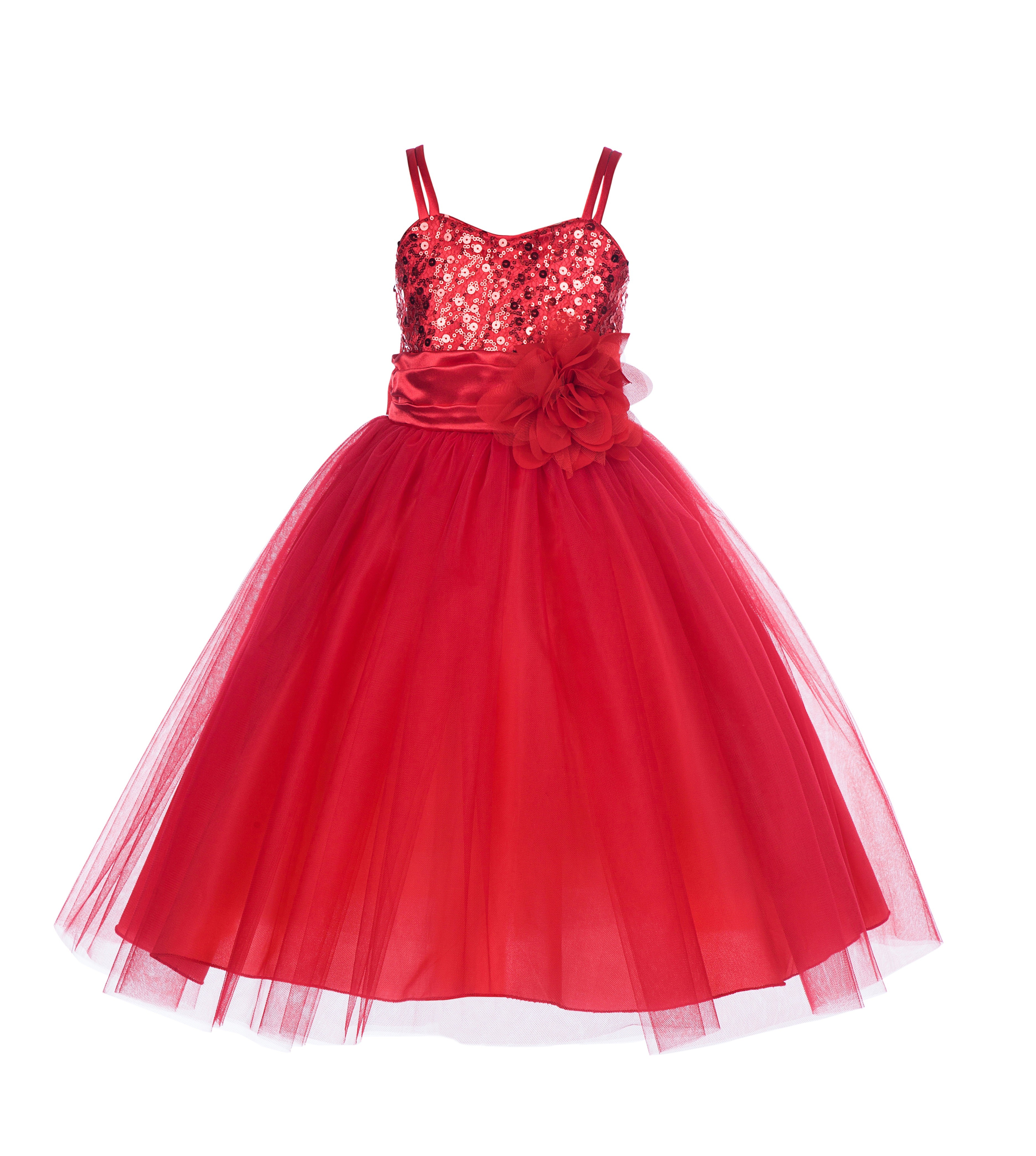 Red Spaghetti-Straps Sequin Tulle Flower Girl Dress Stunning B-1508NF