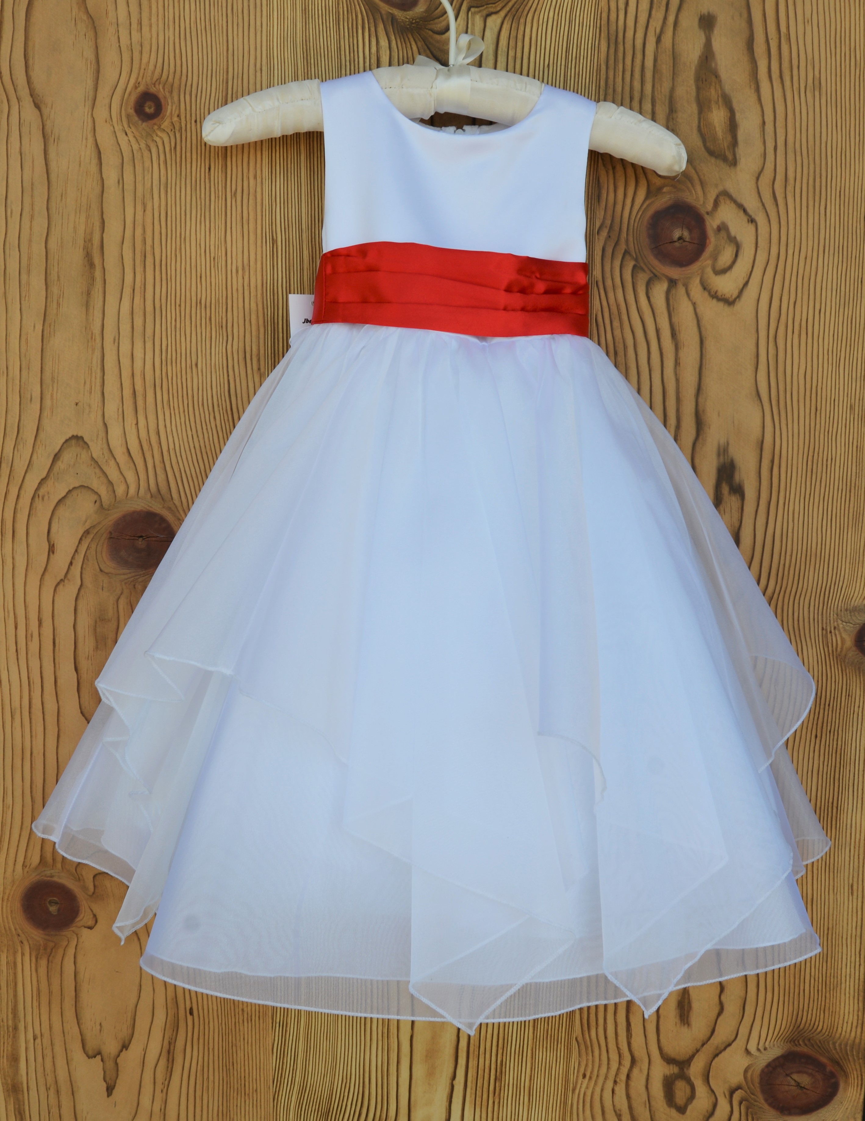 White/Red Satin Bodice Shimmering Organza Flower Girl Dress J012