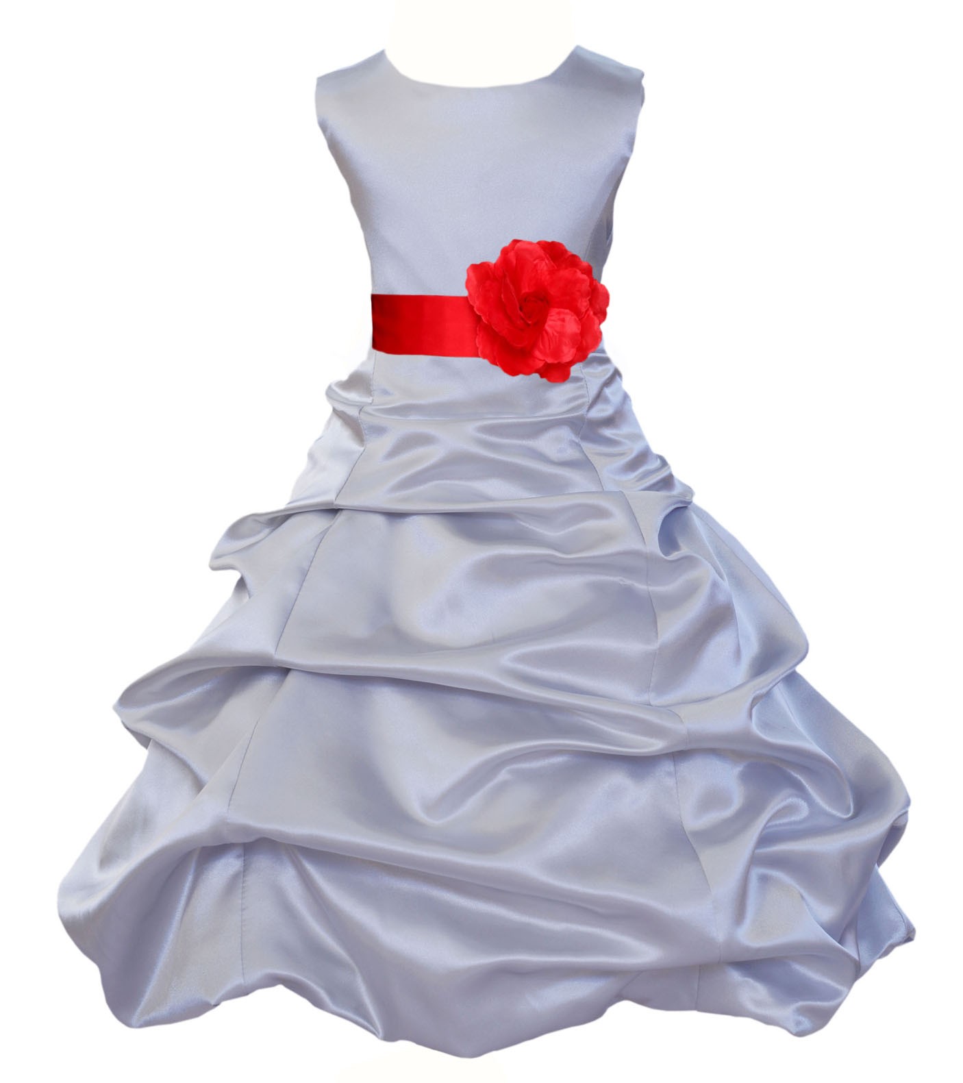 Silver/Red Satin Pick-Up Bubble Flower Girl Dress Stylish 808T