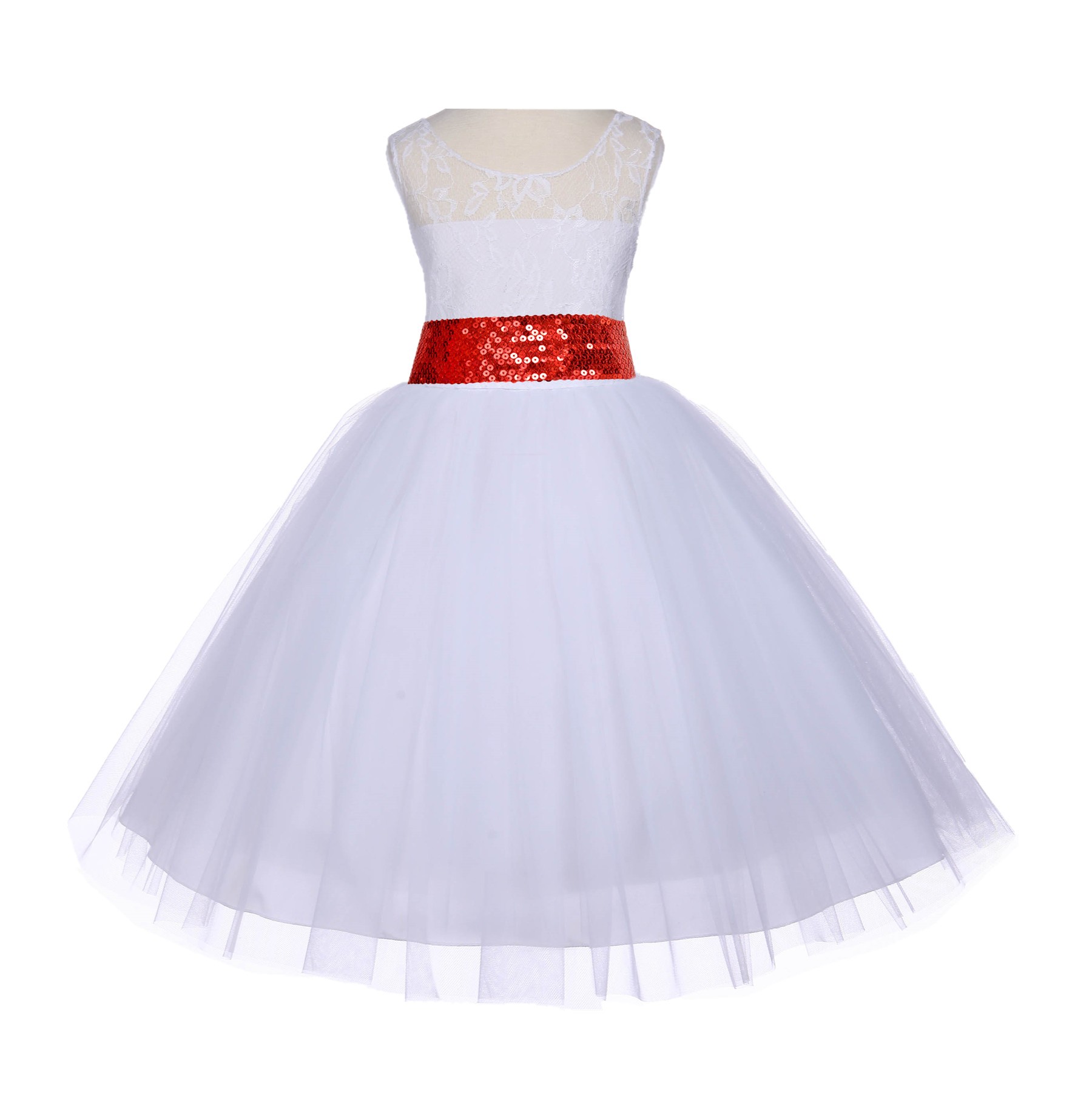 White Floral Lace Bodice Tulle Red Sequin Flower Girl Dress 153mh