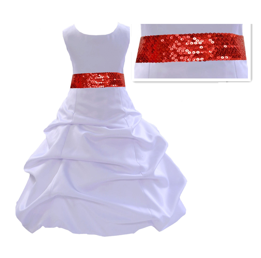 White Satin Pick-Up Bubble Flower Girl Dress Red Sequins 806mh