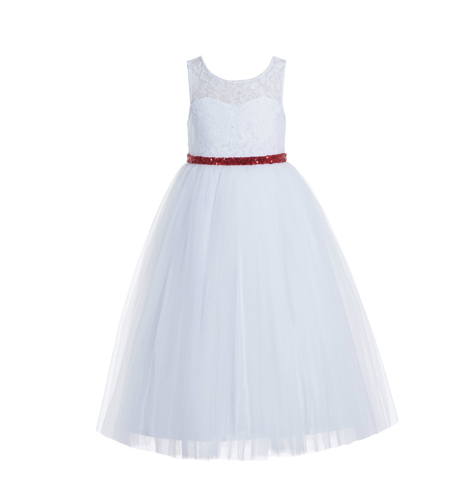 White / Red Lace Tulle Scoop Neck Keyhole Back A-Line Flower Girl Dress 178