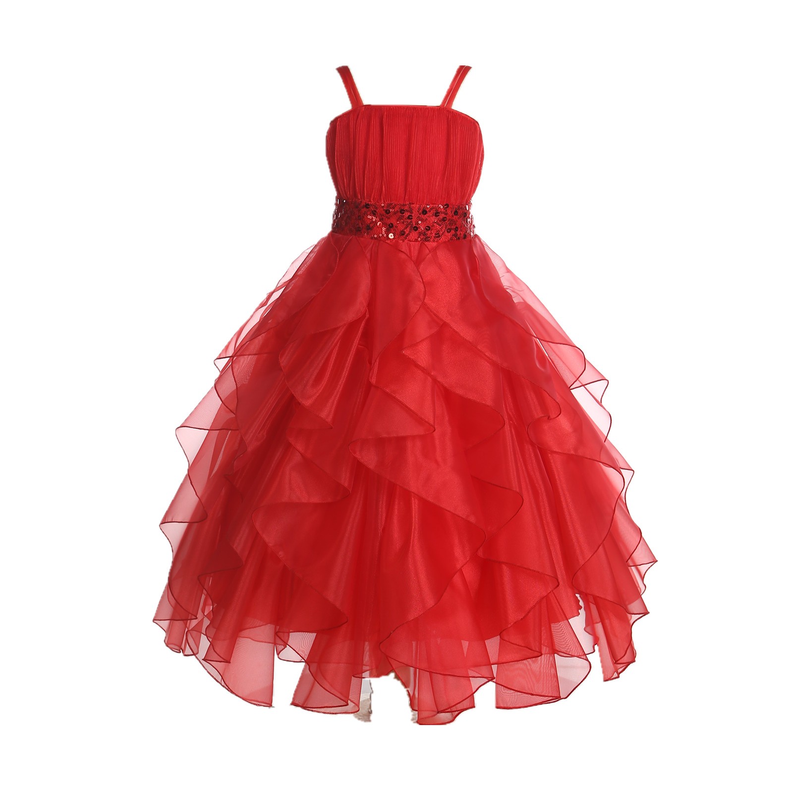 Red Satin Organza Sequin Spaghetti-Straps Flower Girl Dress 009