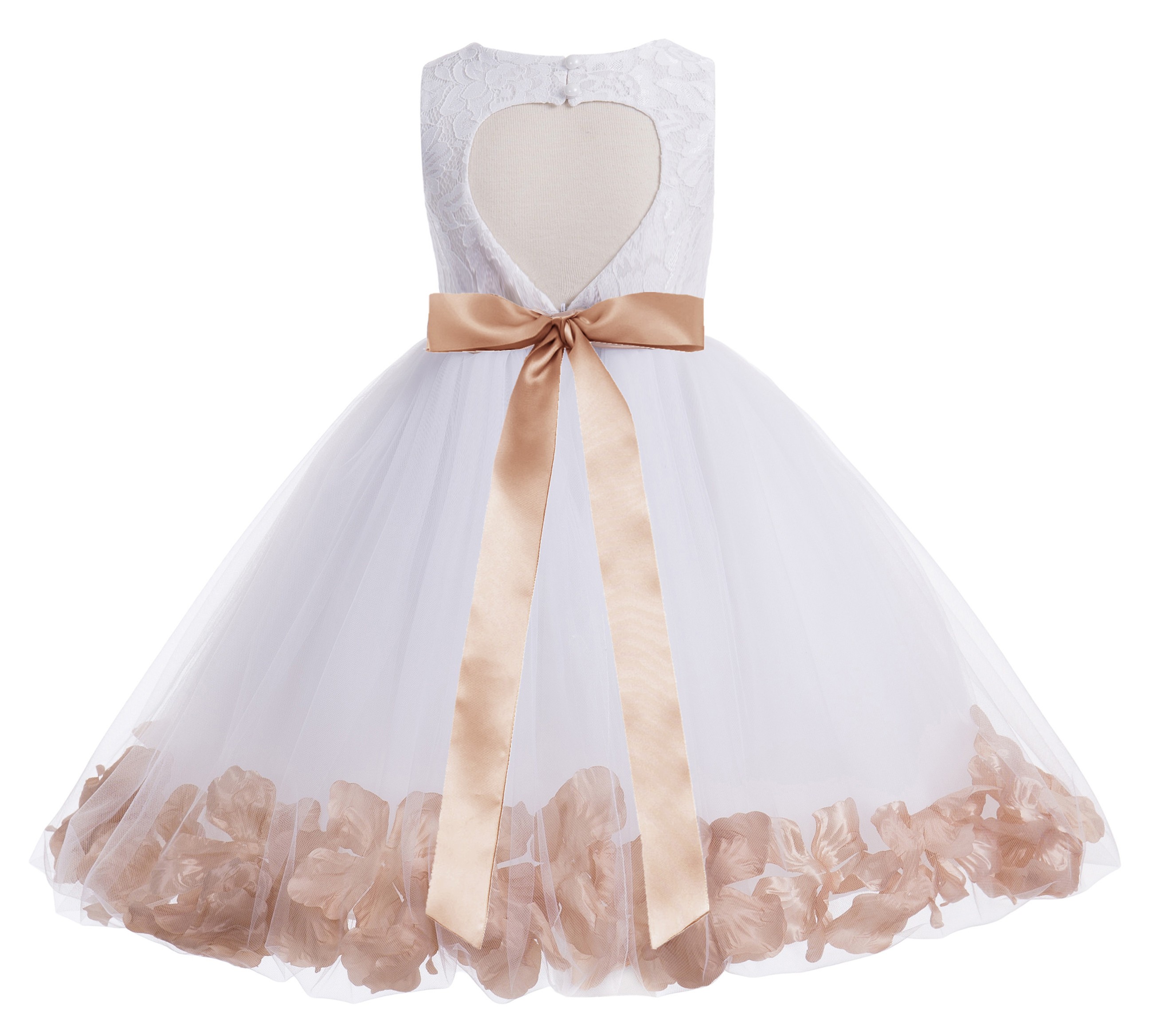 White / Rose Gold Floral Lace Heart Cutout Flower Girl Dress with Petals 185