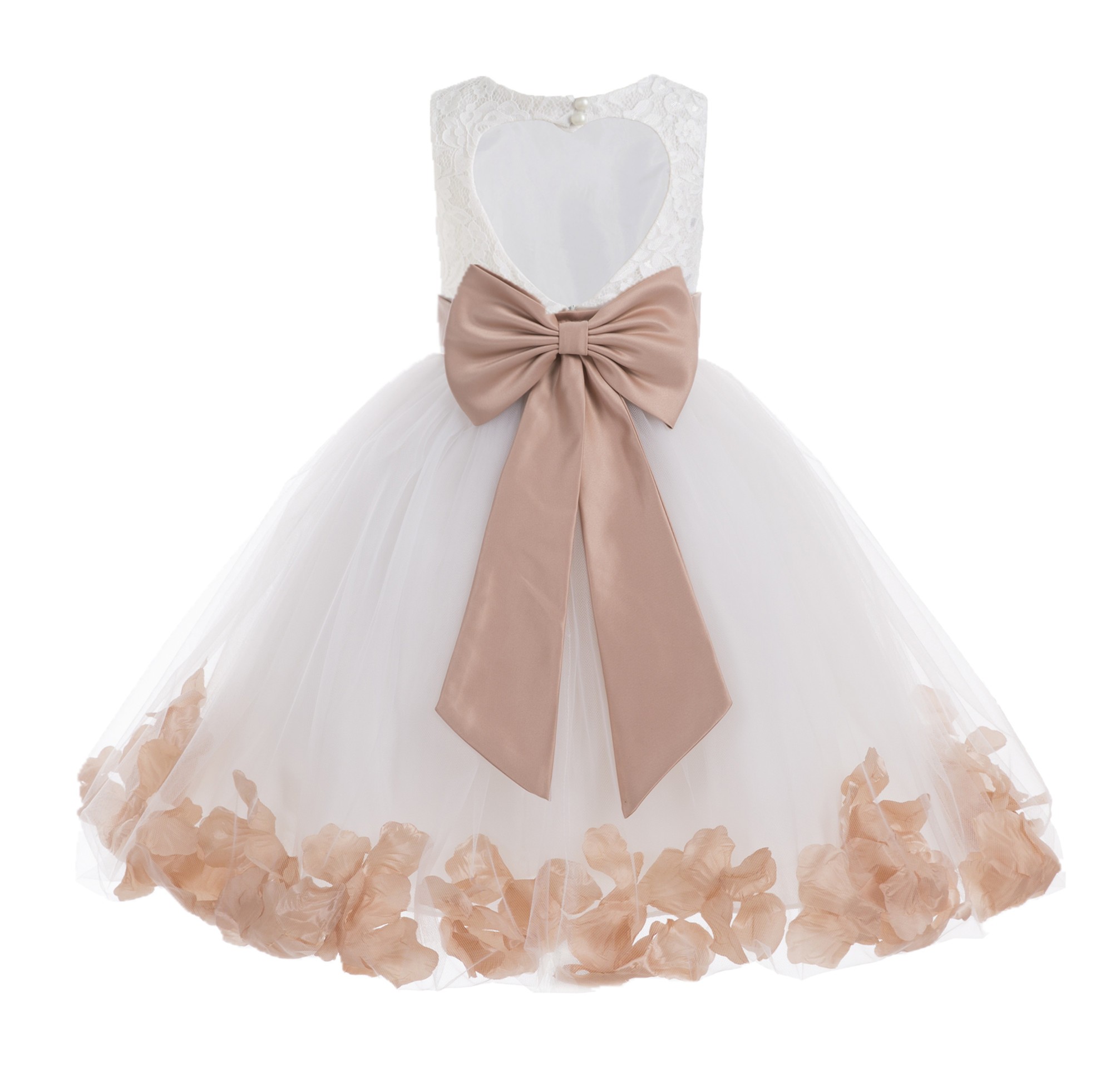 Ivory / Rose Gold Floral Lace Heart Cutout Flower Girl Dress with Petals 185T