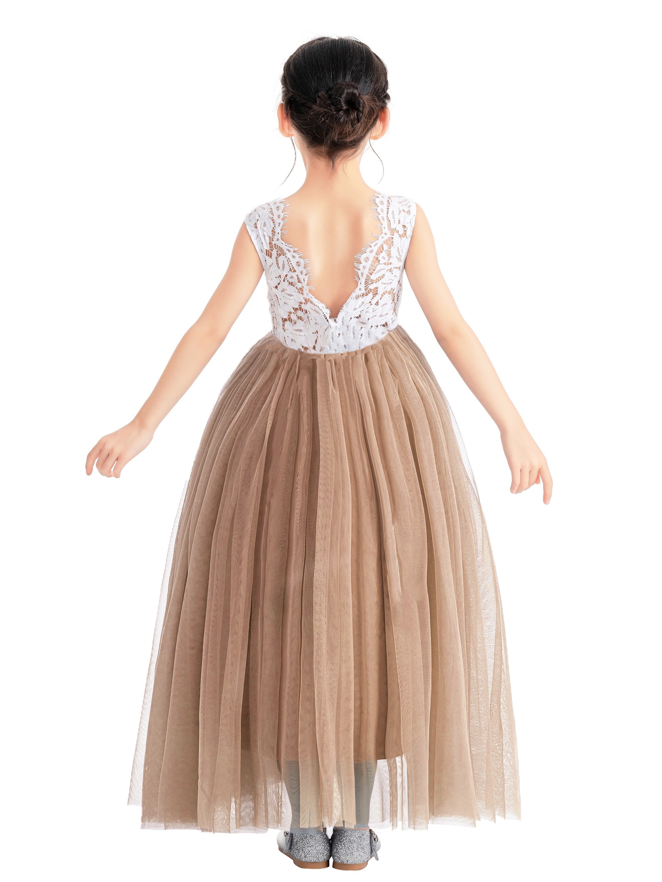 Rose Gold Backless V-Back Lace A-Line Flower Girl Dress 207