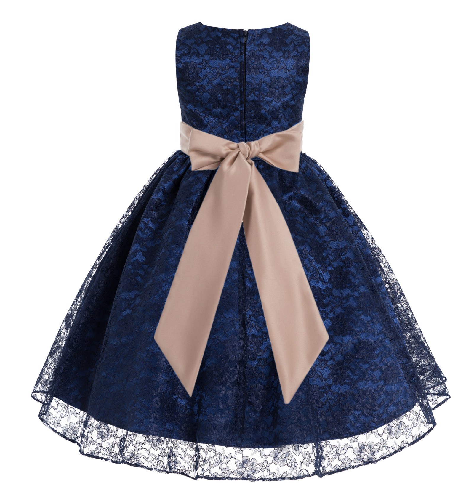 Navy / Rose Gold Floral Lace Overlay Flower Girl Dress Lace Dresses 163s