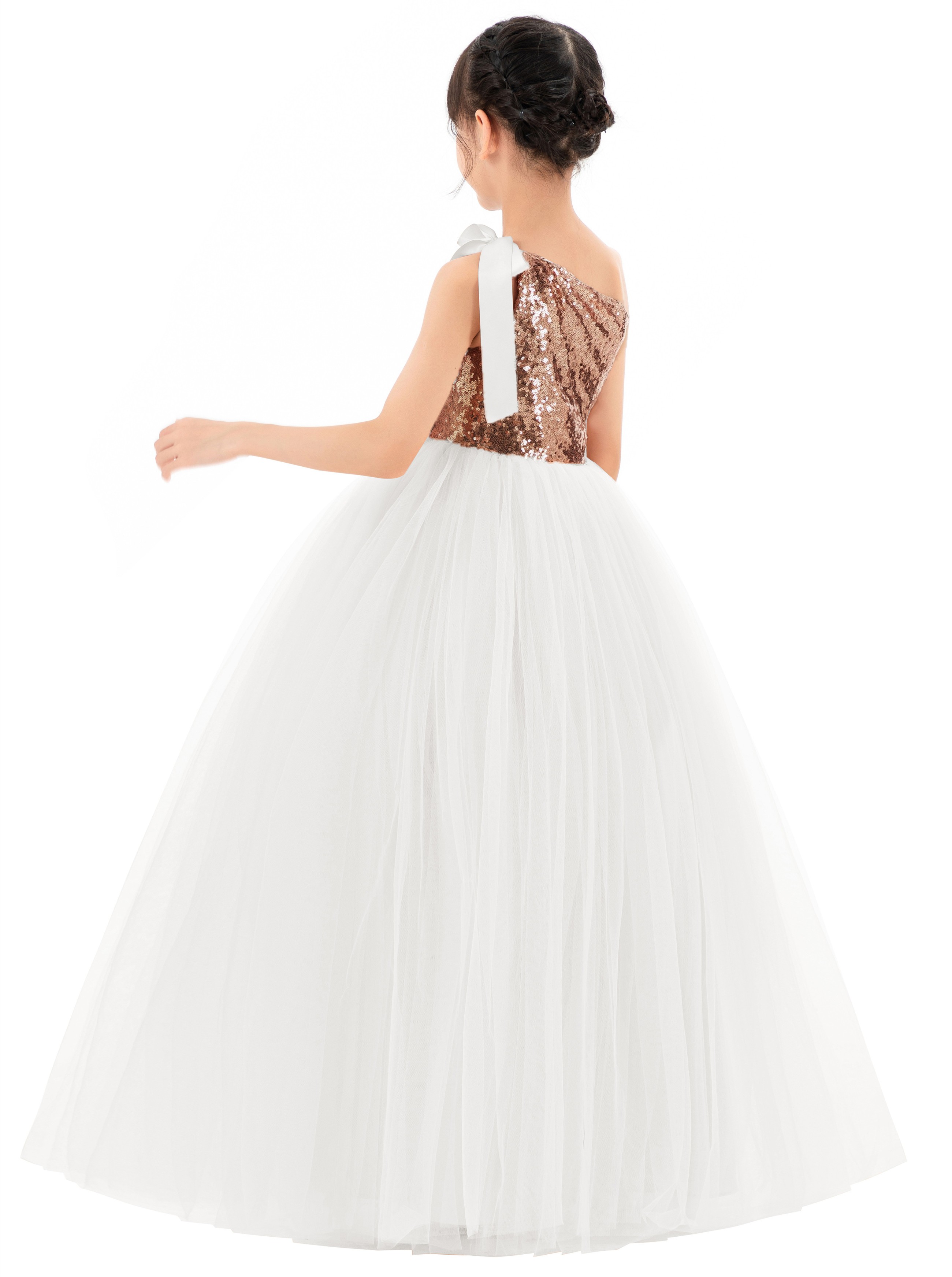 Rose / White Sparkle Sequin One Shoulder Flower Girl Dress Seq2