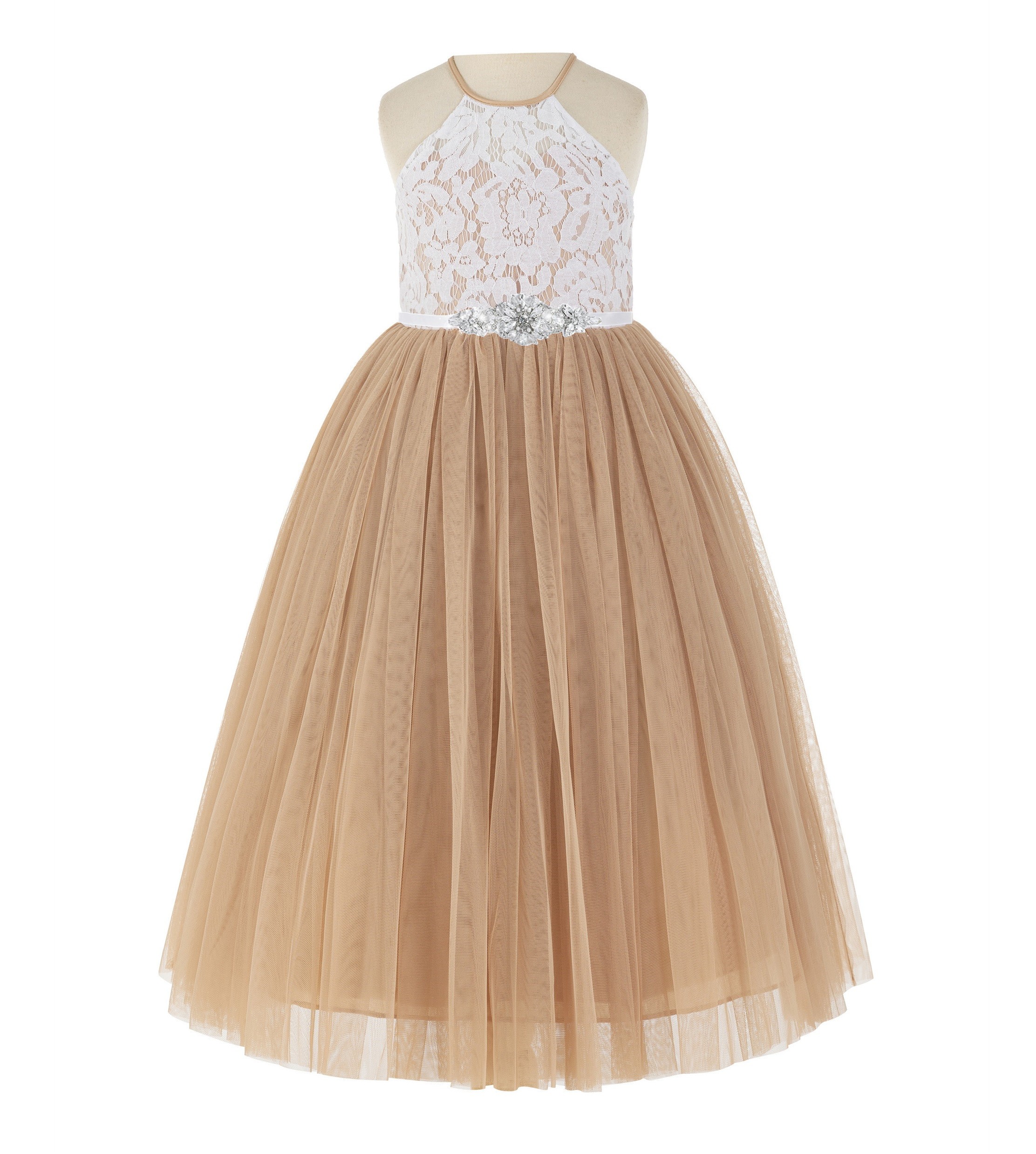 Rose Gold / White Lace Halter Flower Girl Dress Lace Back Dress 213
