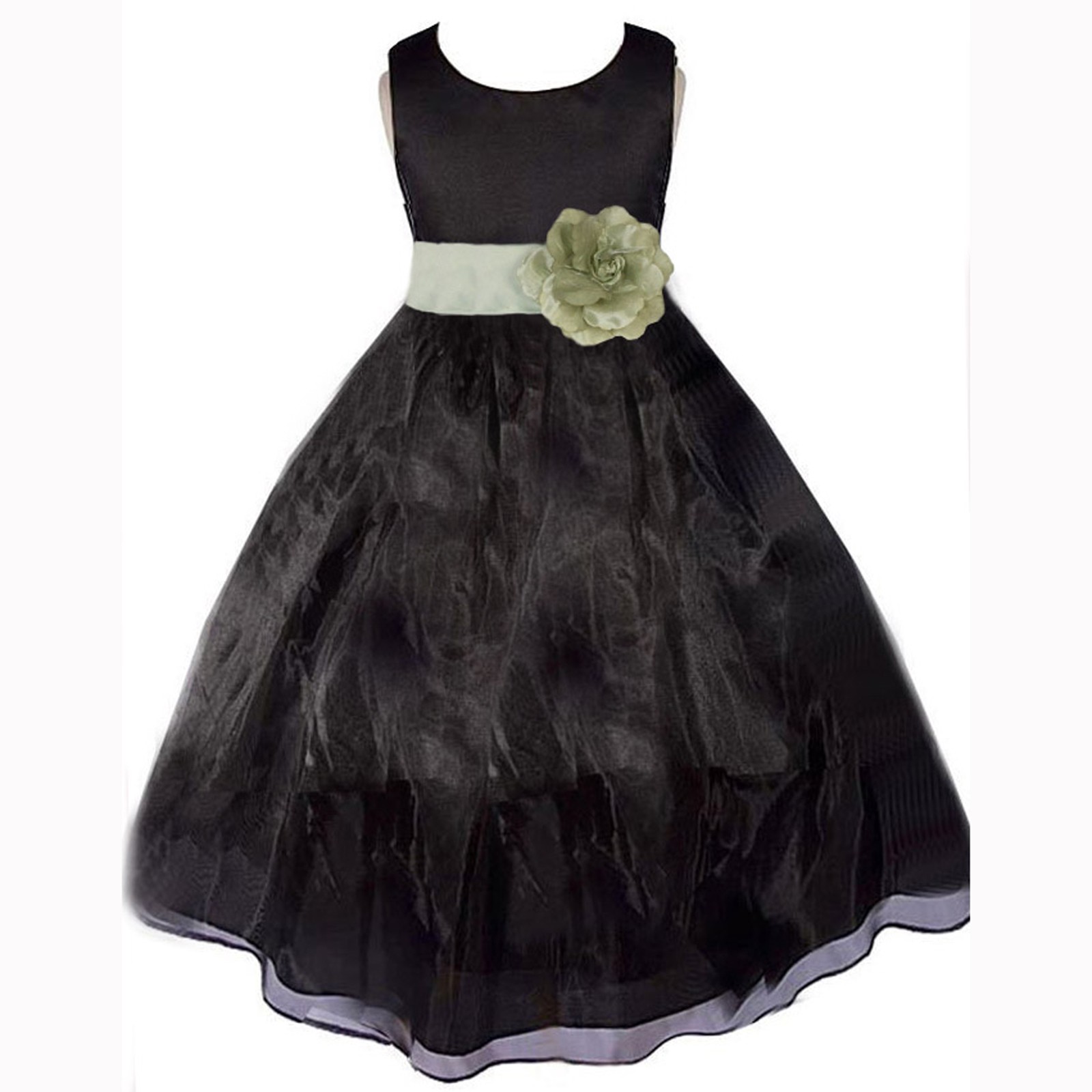 Black/Sage Satin Bodice Organza Skirt Flower Girl Dress 841T
