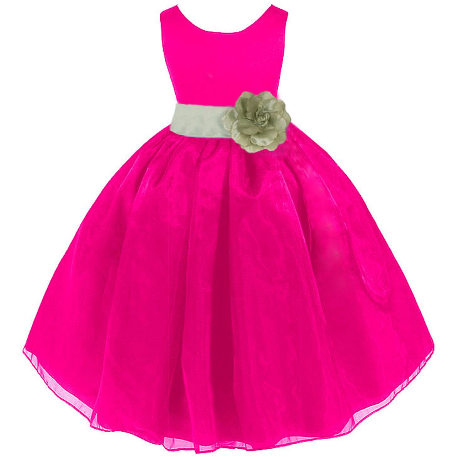 Fuchsia/Sage Satin Bodice Organza Skirt Flower Girl Dress 841T