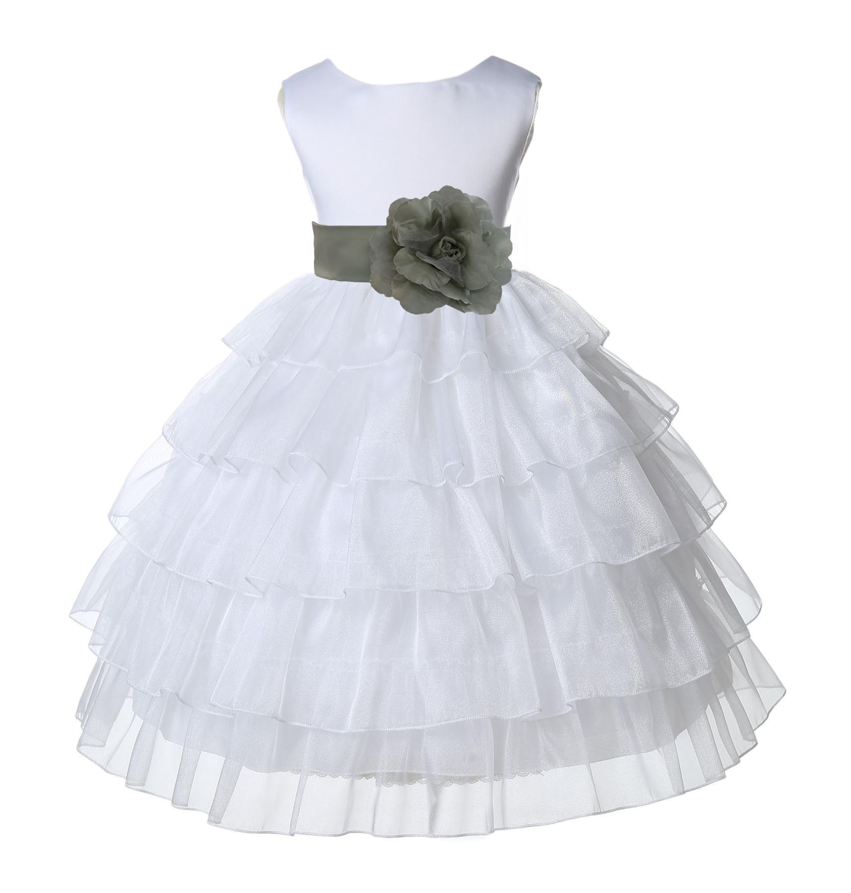 White/Sage Satin Shimmering Organza Flower Girl Dress Wedding 308S