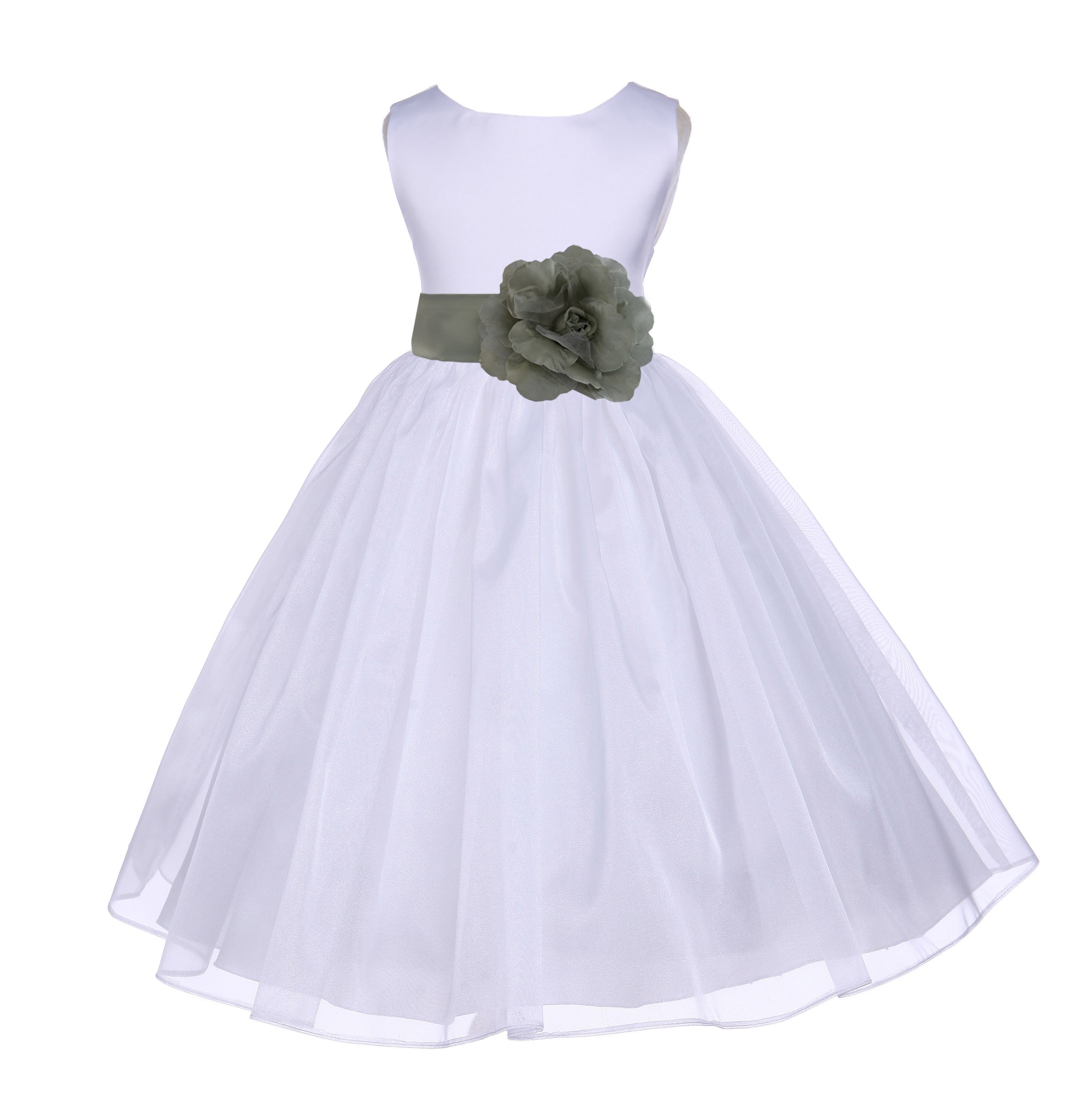White/Sage Satin Bodice Organza Skirt Flower Girl Dress 841T