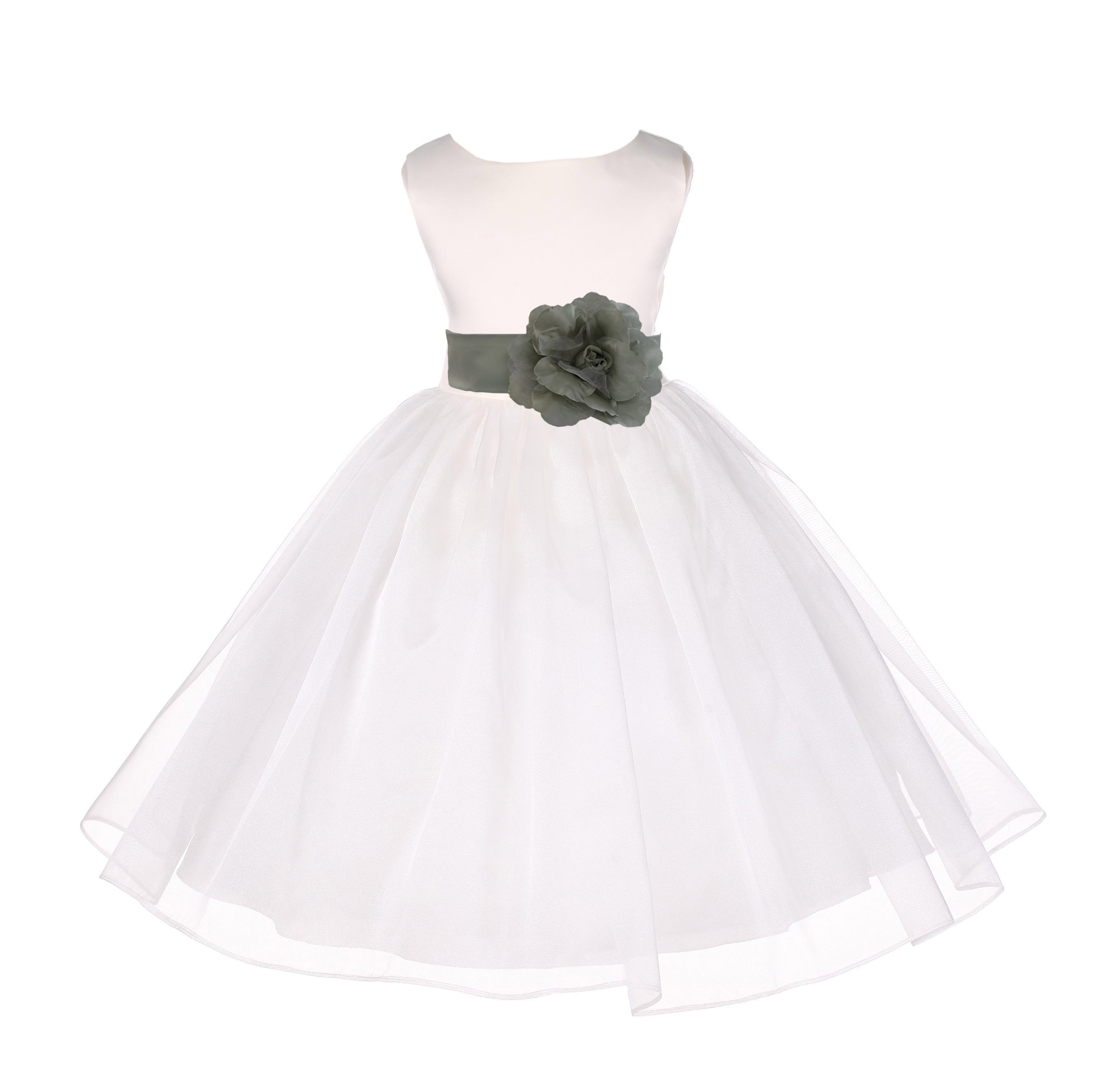 Ivory/Sage Satin Bodice Organza Skirt Flower Girl Dress 841S