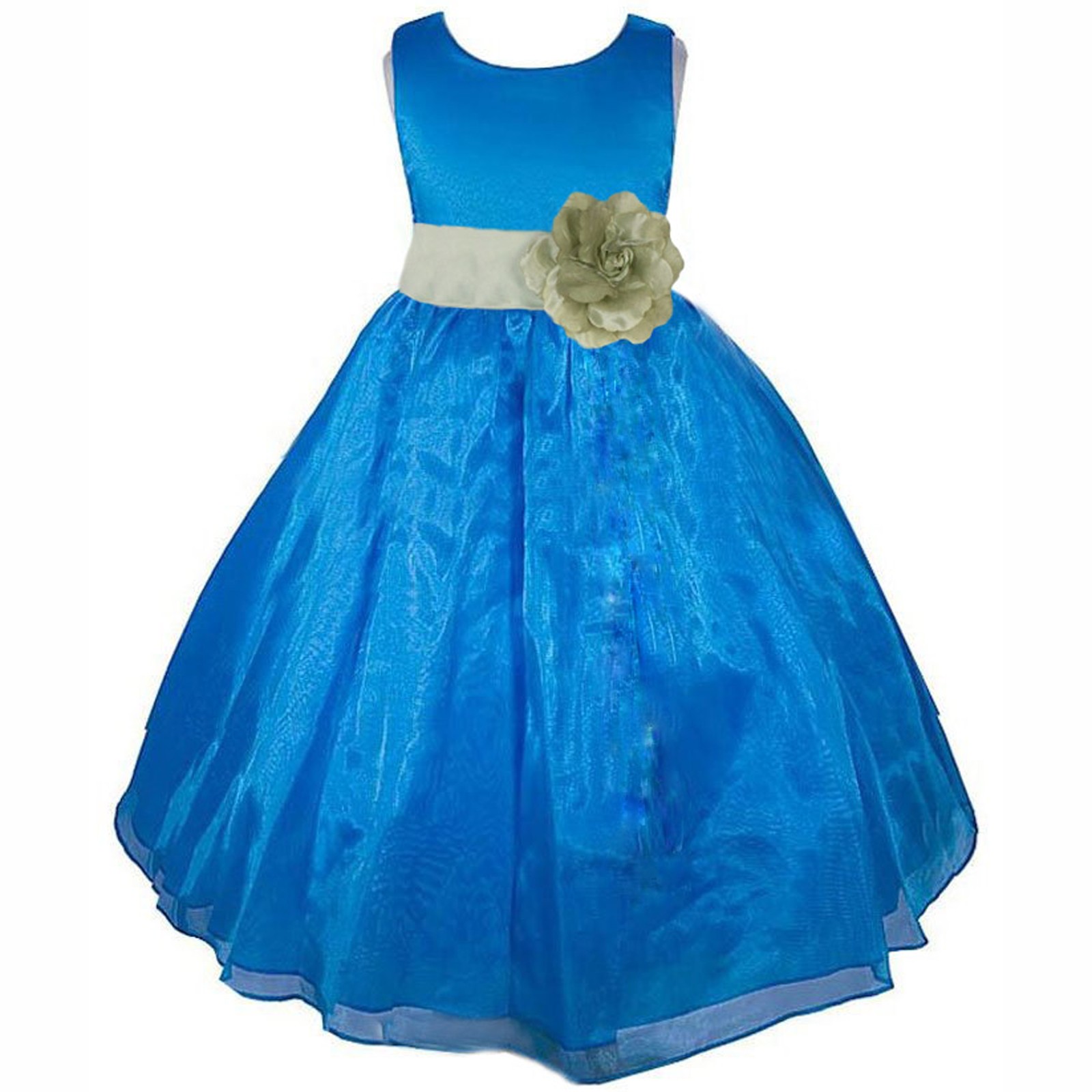 Royal Blue/Sage Satin Bodice Organza Skirt Flower Girl Dress 841T