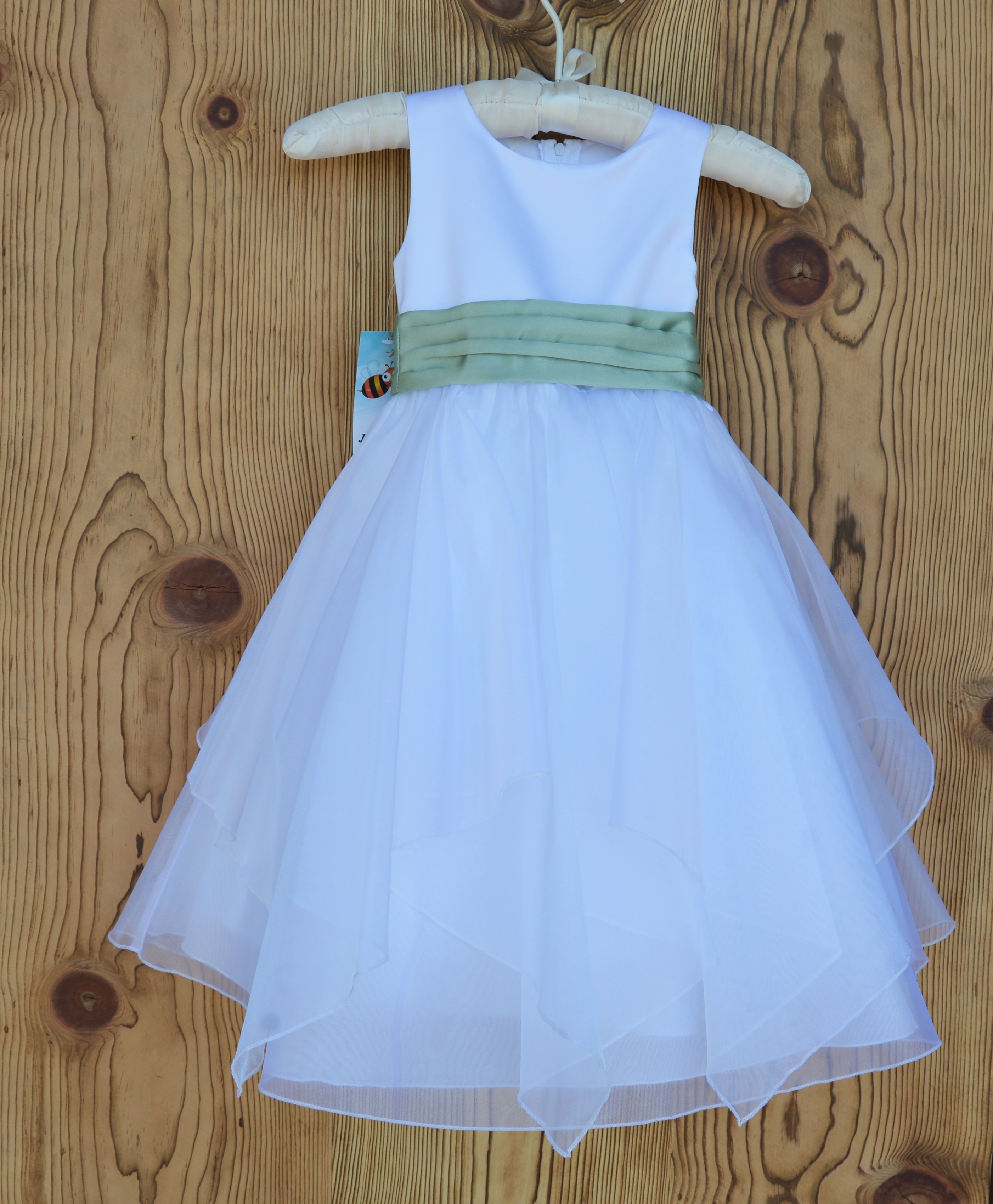 White/Sage Satin Bodice Shimmering Organza Flower Girl Dress J012