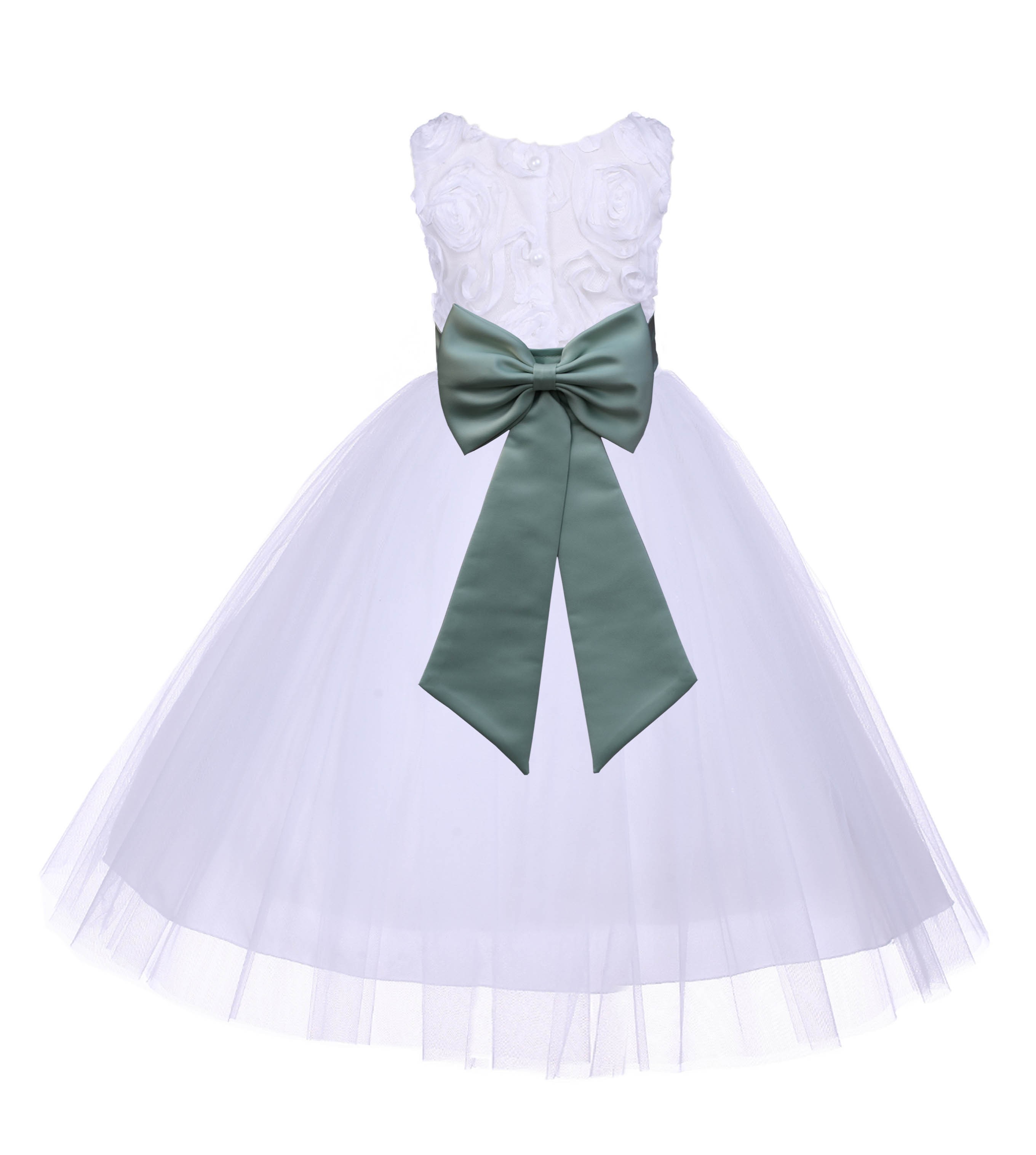 White/Sage Tulle 3D Floral Rose Flower Girl Dress Pageant 152T