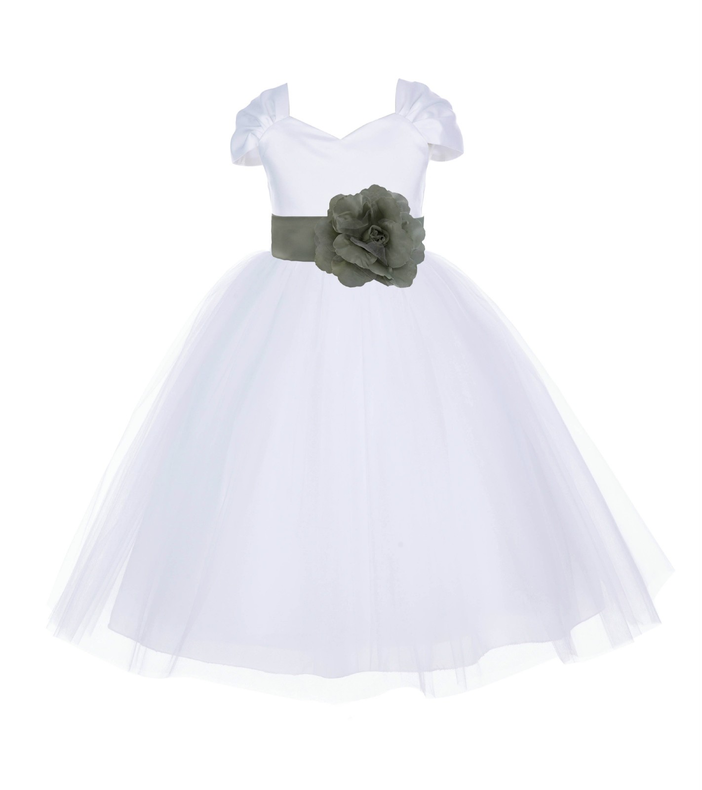 White/Sage V-shaped Neckline Short Sleeves Tulle Flower Girl Dress 154S