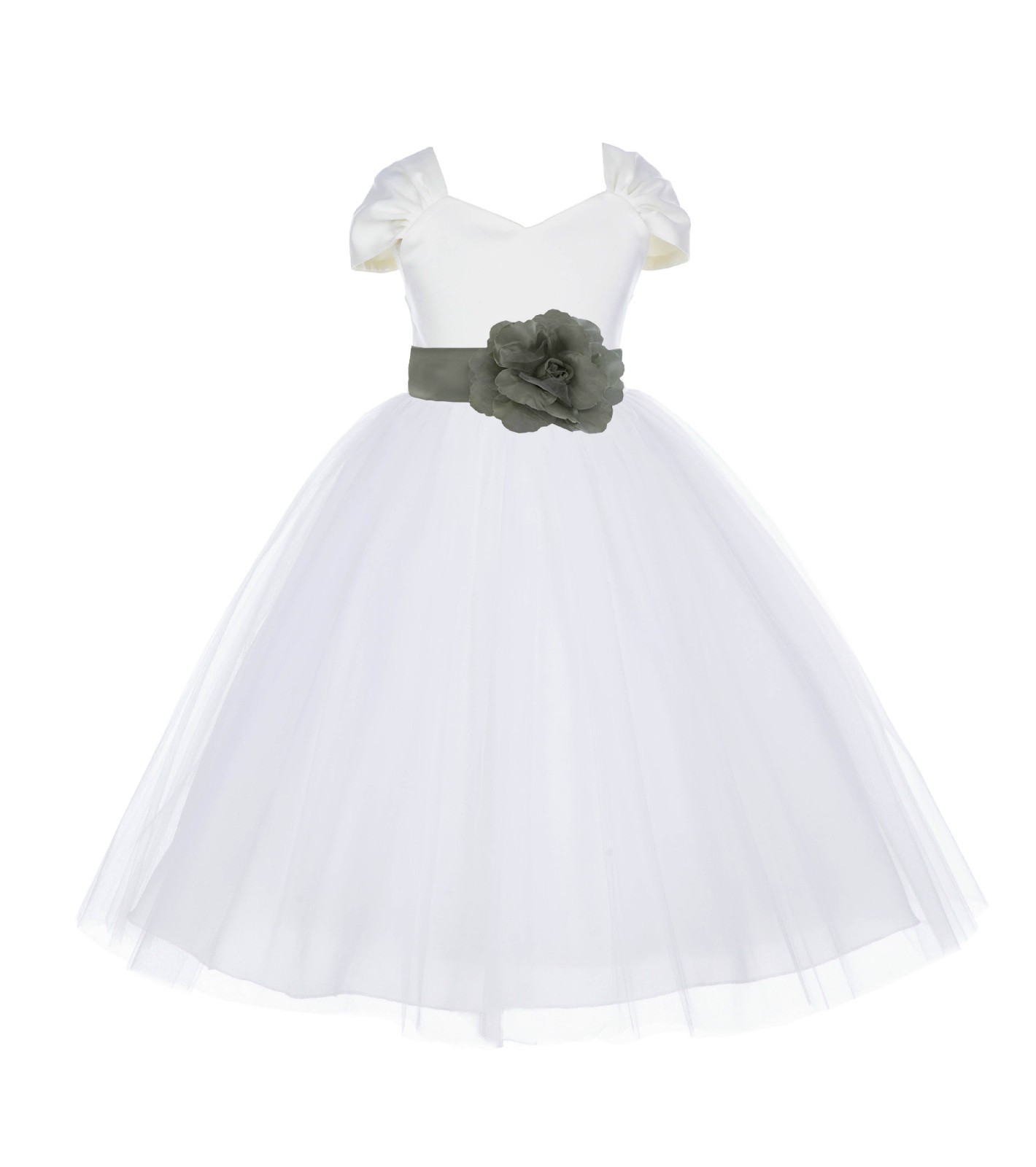Ivory/Sage V-shaped Neckline Short Sleeves Tulle Flower Girl Dress 154S