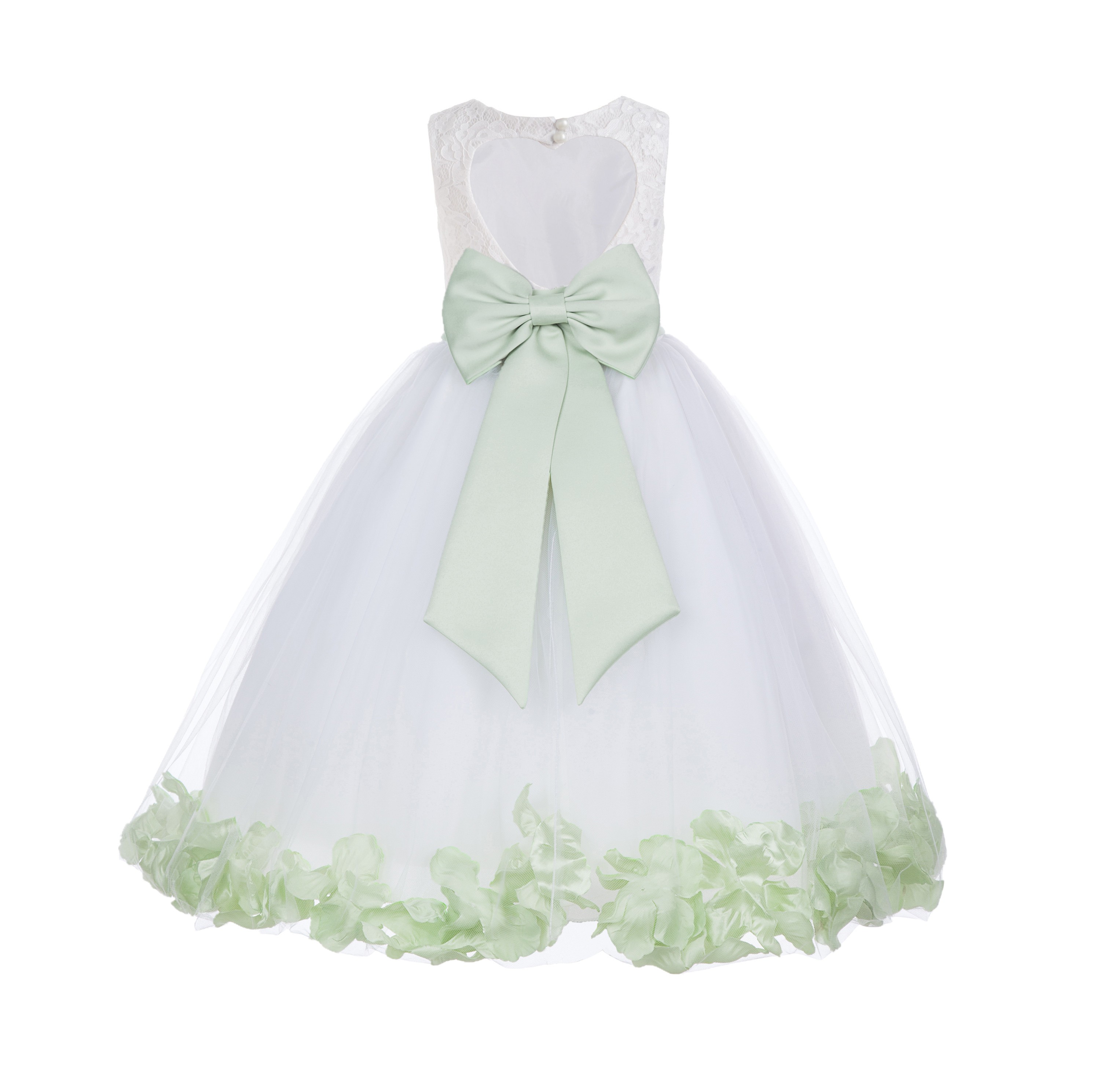 White / Sage Floral Lace Heart Cutout Flower Girl Dress with Petals 185T