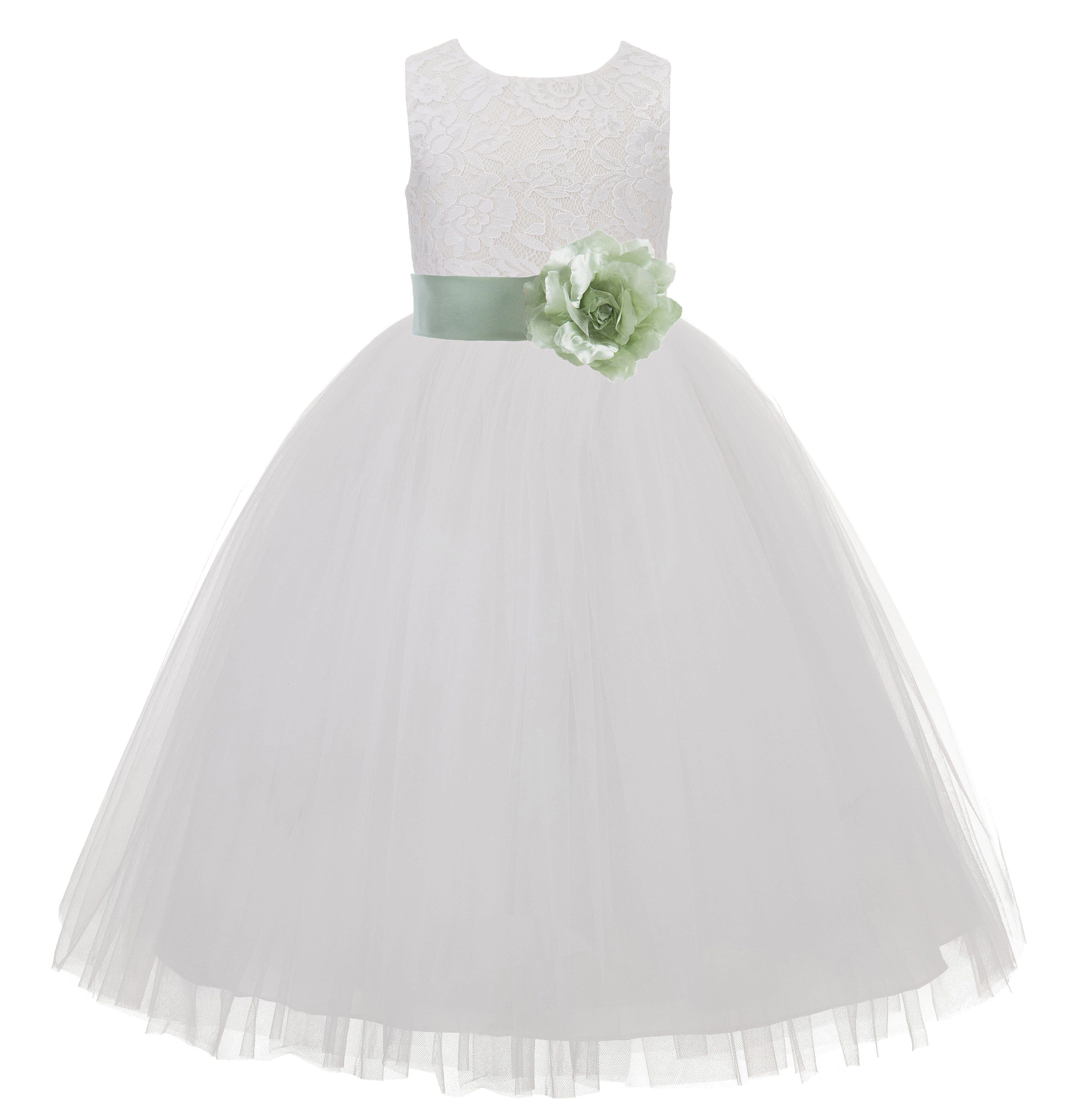 Ivory / Sage green Floral Lace Heart Cutout Flower Girl Dress with Flower 172T