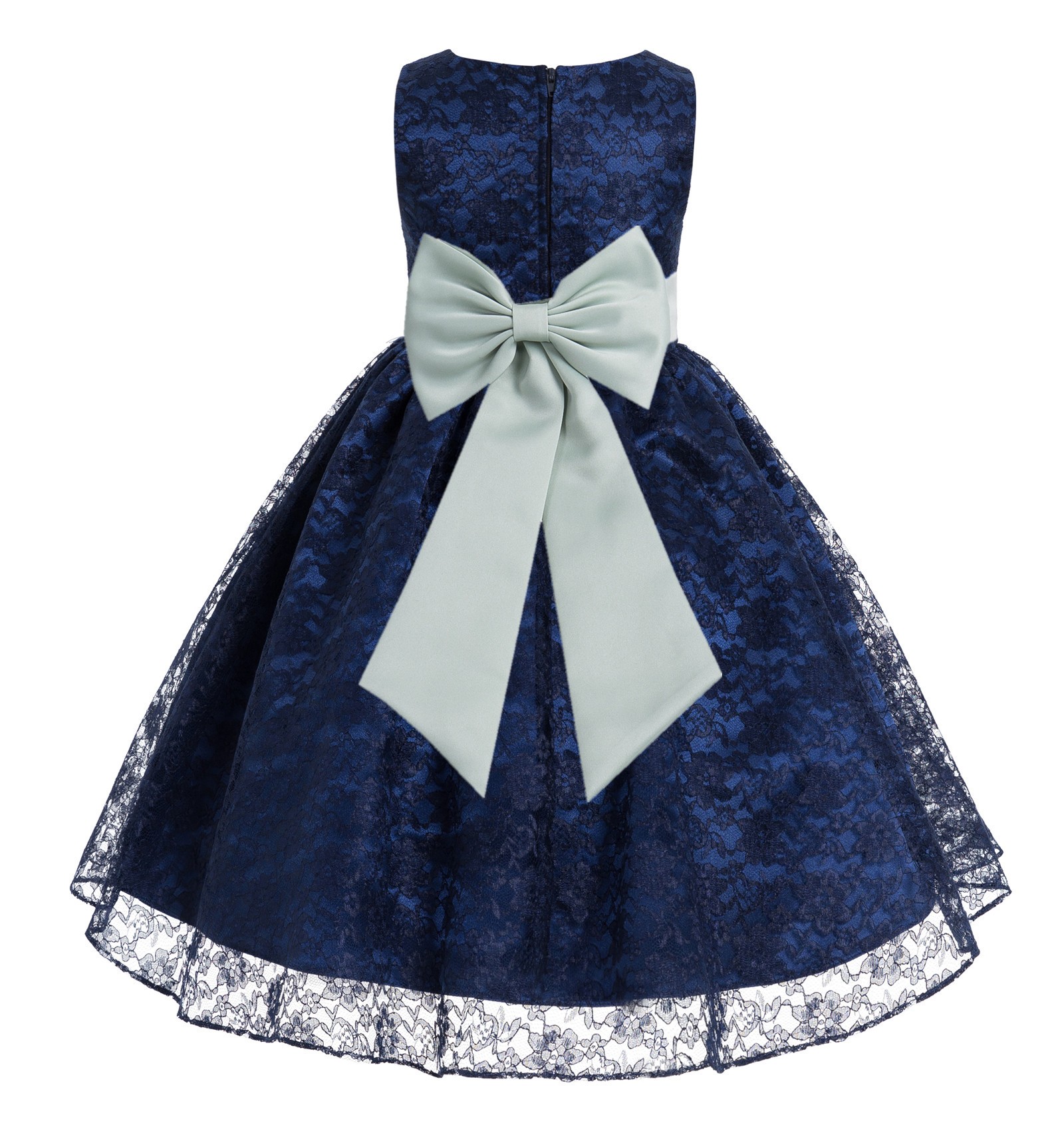 Navy Blue / Sage Floral Lace Overlay Flower Girl Dress Elegant Beauty 163T