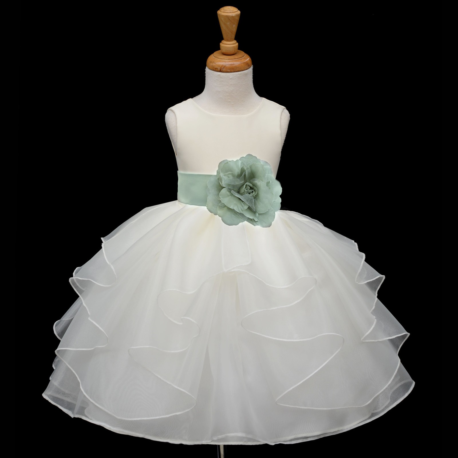 Ivory/Sage Satin Shimmering Organza Flower Girl Dress Wedding 4613S