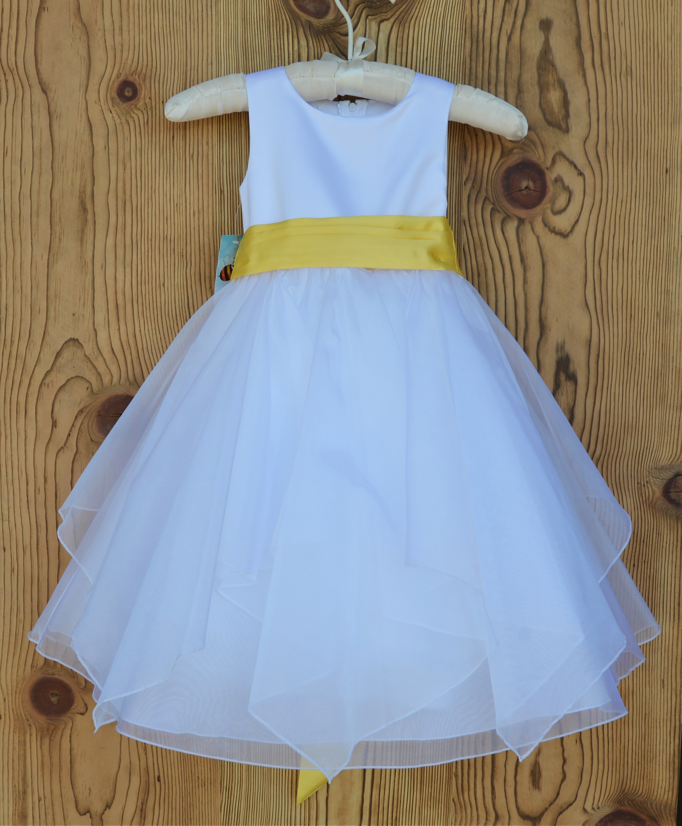 White/Sunbeam Satin Bodice Shimmering Organza Flower Girl Dress J012