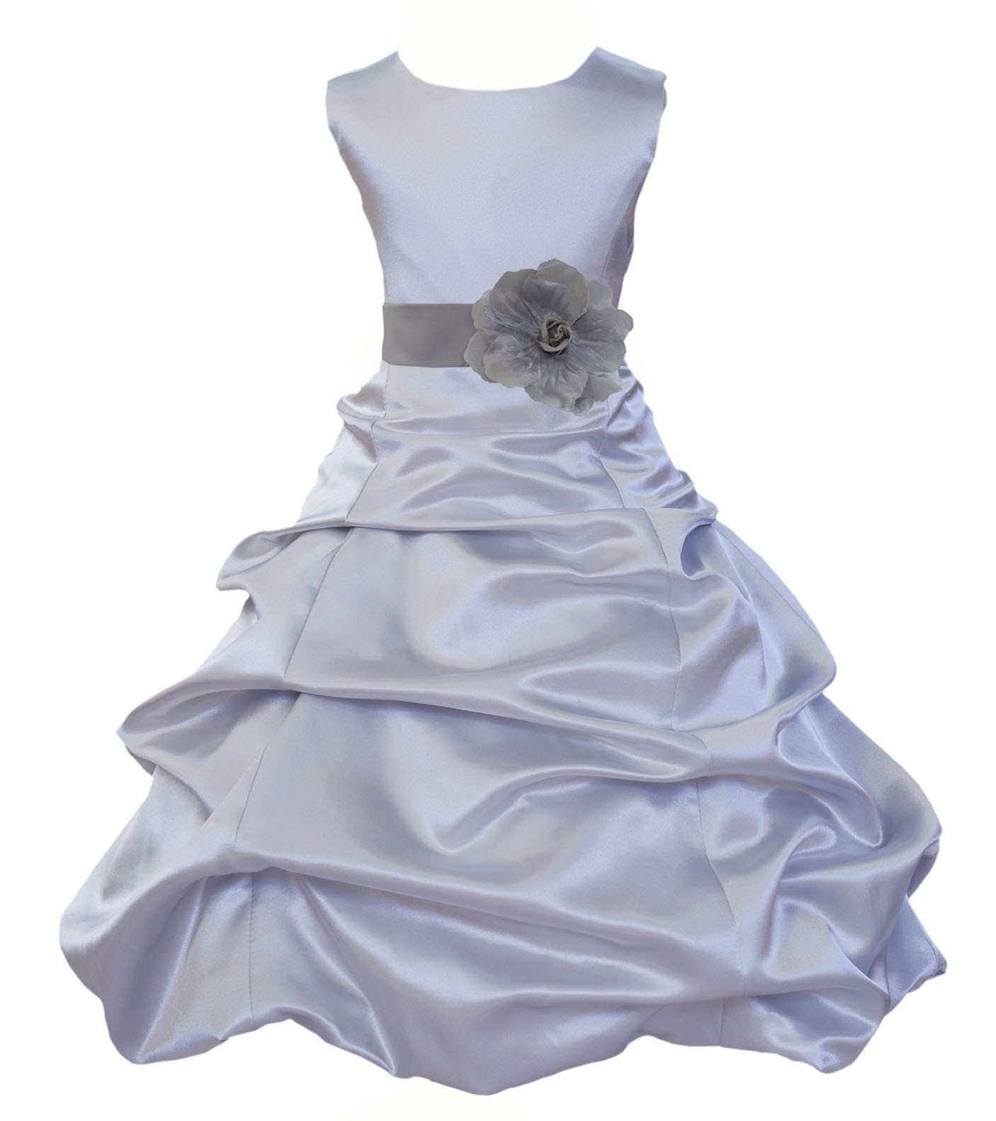 Silver Matching Satin Pick-Up Bubble Flower Girl Dress 808T