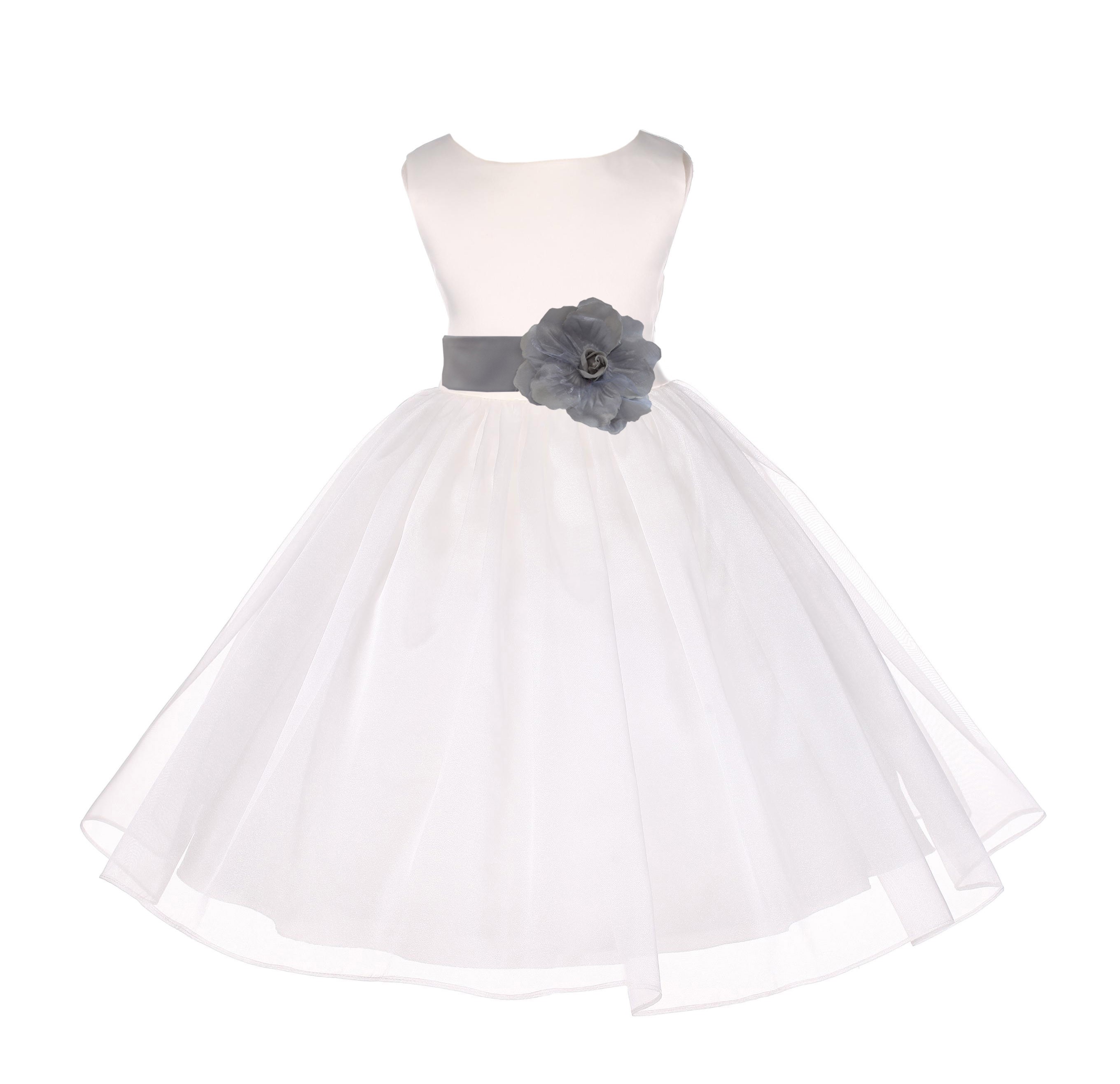 Ivory/Silver Satin Bodice Organza Skirt Flower Girl Dress 841T