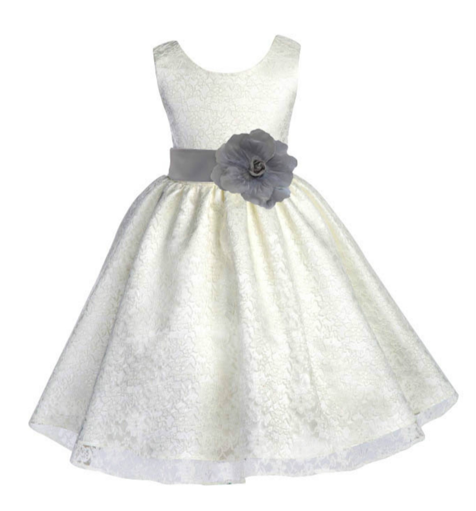 Ivory/Silver Floral Lace Overlay Flower Girl Dress Special Event 163S